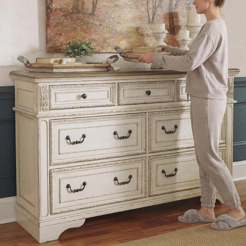 Signature Design by Ashley Realyn | French Country 7-Drawer Two-Tone Dresser – Fully Assembled, Decorative Corbels, Chipped White with Distressed Wood Top
