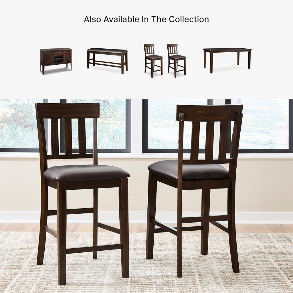 Signature Design by Ashley Haddigan Upholstered Barstool, 2 Count, Slat Back Design, Cushioned Seat, Wood, 25.5" H, Dark Brown