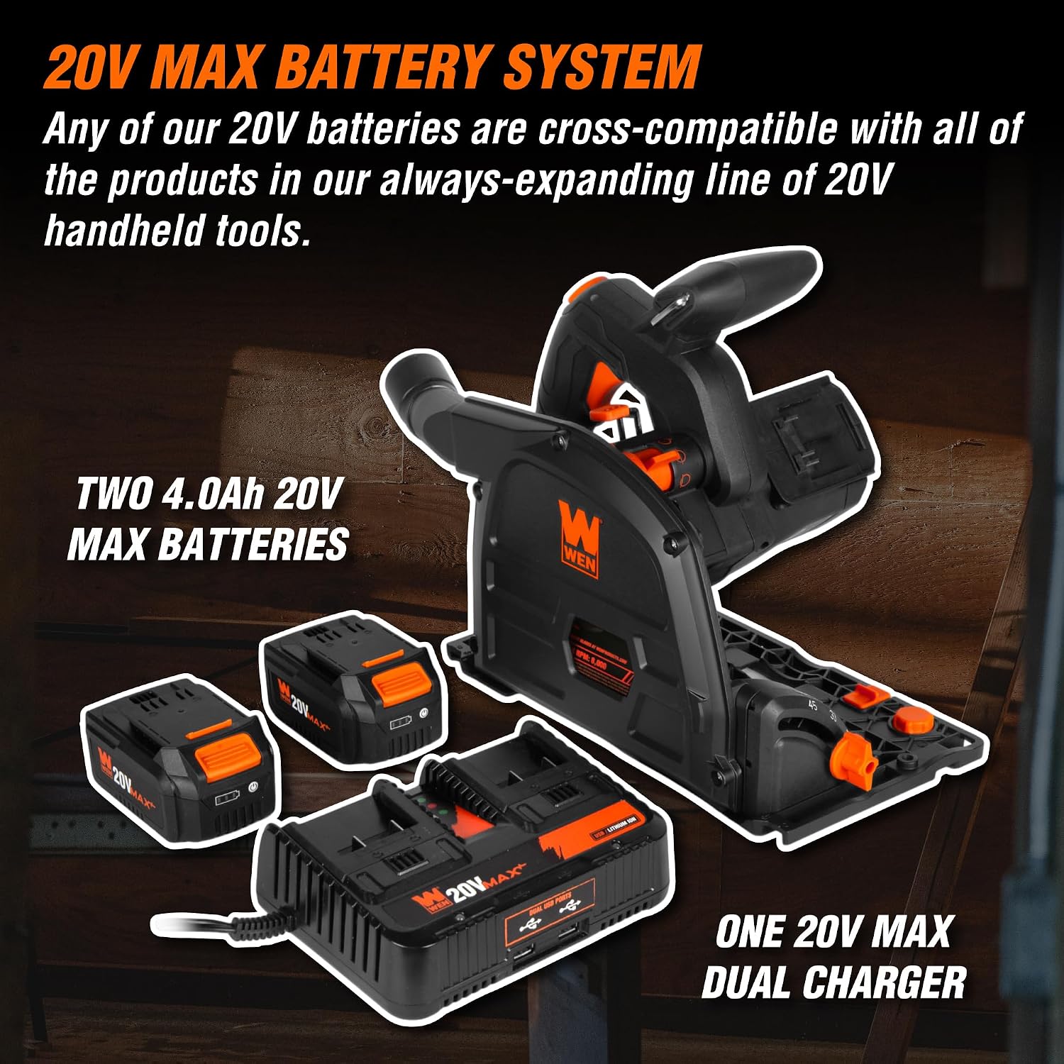 WEN Cordless 6.5-Inch Track Saw, Brushless with Variable Speed, Two 20V Max 4.0 Ah Batteries, and Charger (20691)