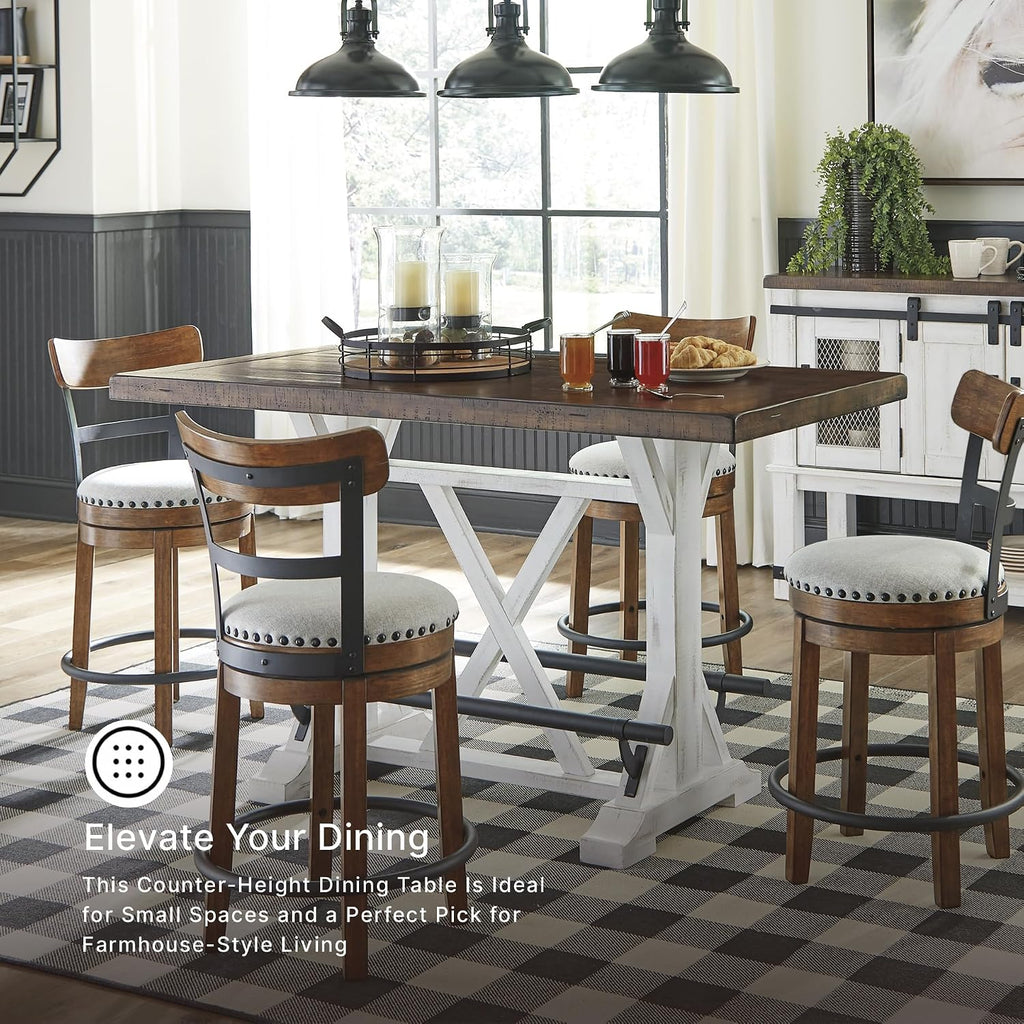Signature Design by Ashley Valebeck Counter Height Dining Table, Rustic Farmhouse Design, Black Metal Footrest, Seats Up to 4, Great for Small Spaces, White