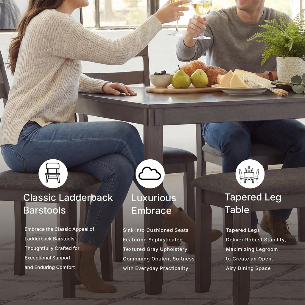 Signature Design by Ashley Bridson Dining Table Set For 6 With Bench, Wood 6‑Piece Kitchen Table And Chairs With Upholstered Seats, Transitional Charcoal Gray Dining Room Collection For Family Meals