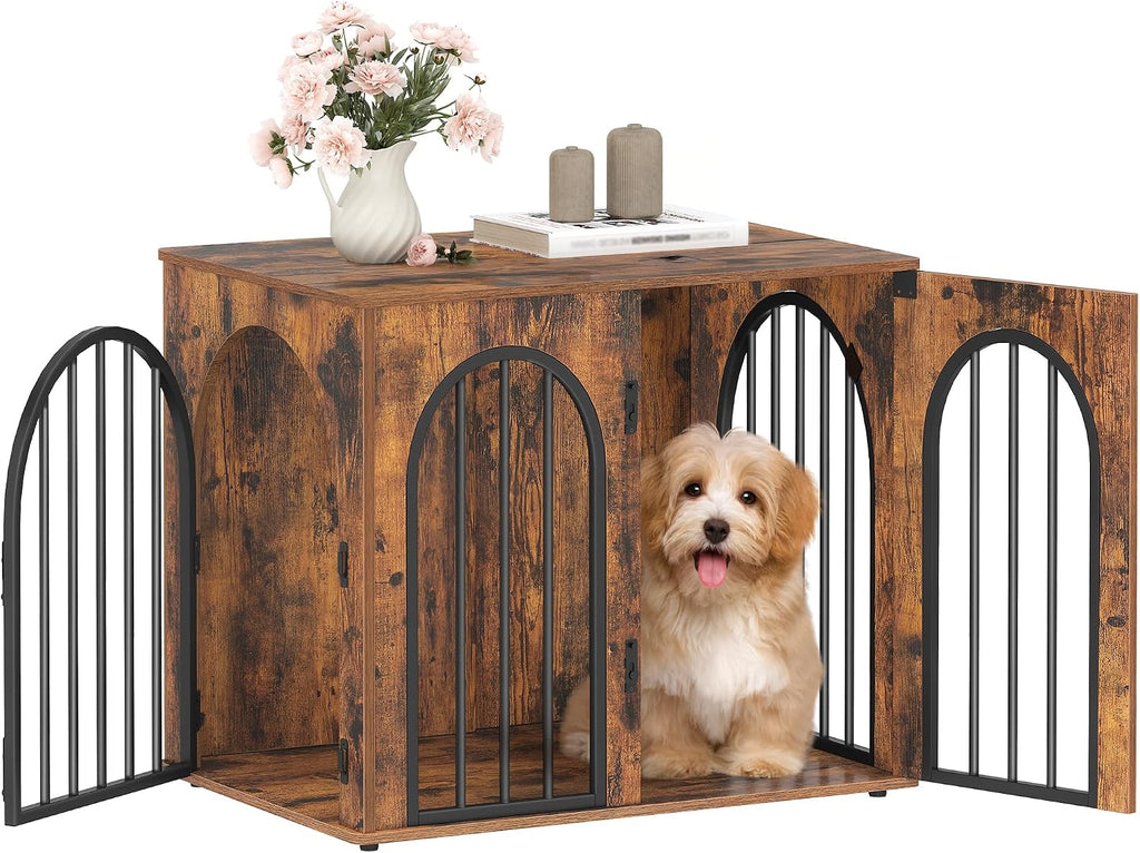 Hzuaneri 31.5'' Wooden Dog Crate Furniture, Indoor Dog Kennel Dogs Cage for Small/Medium Dogs, Heavy Duty Dog Crates Decorative Pet House End Side Table TV Stand, White Brown DFC85114B