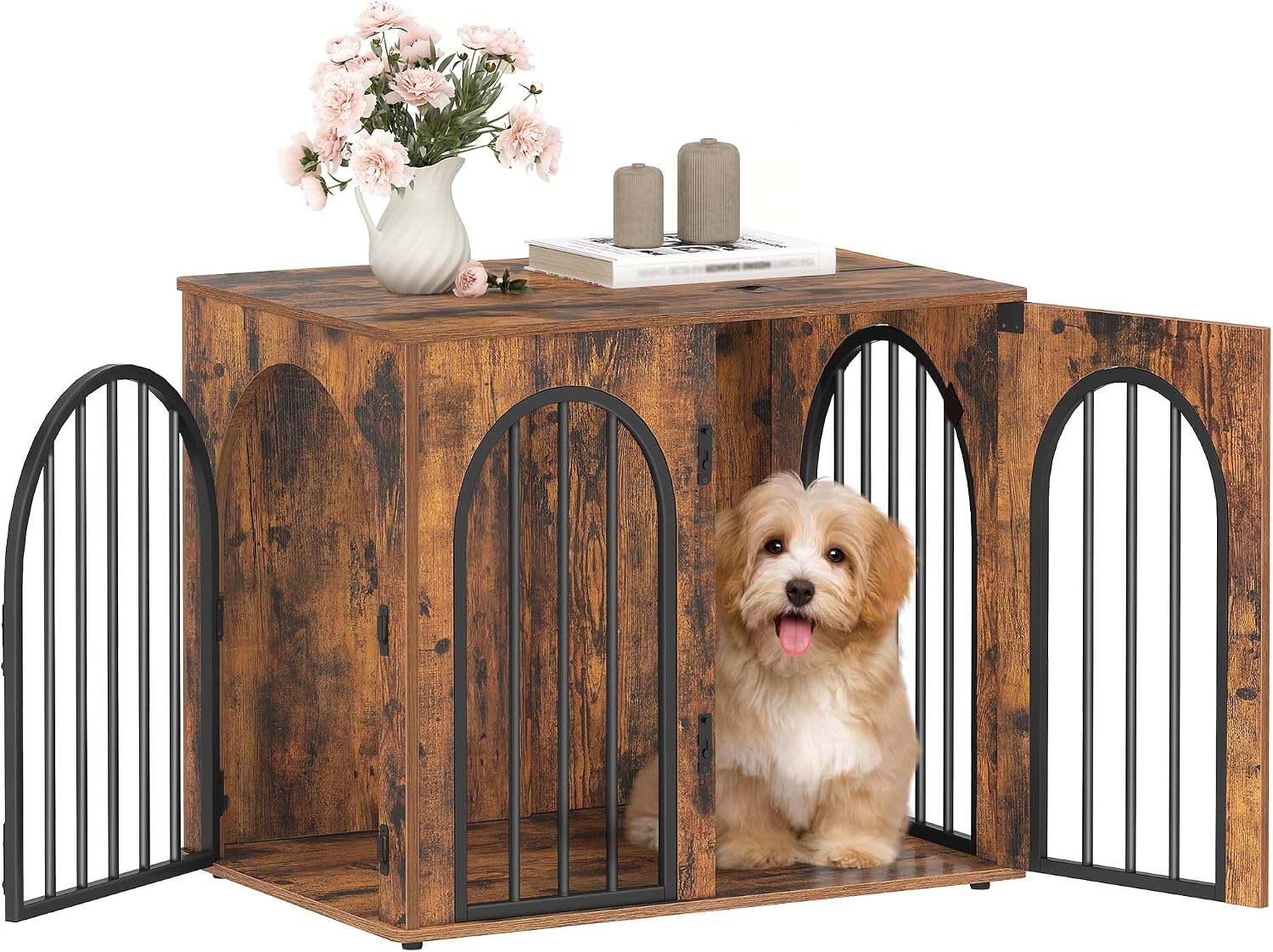 Hzuaneri 31.5'' Wooden Dog Crate Furniture, Indoor Dog Kennel Dogs Cage for Small/Medium Dogs, Heavy Duty Dog Crates Decorative Pet House End Side Table TV Stand, White Brown DFC85114B