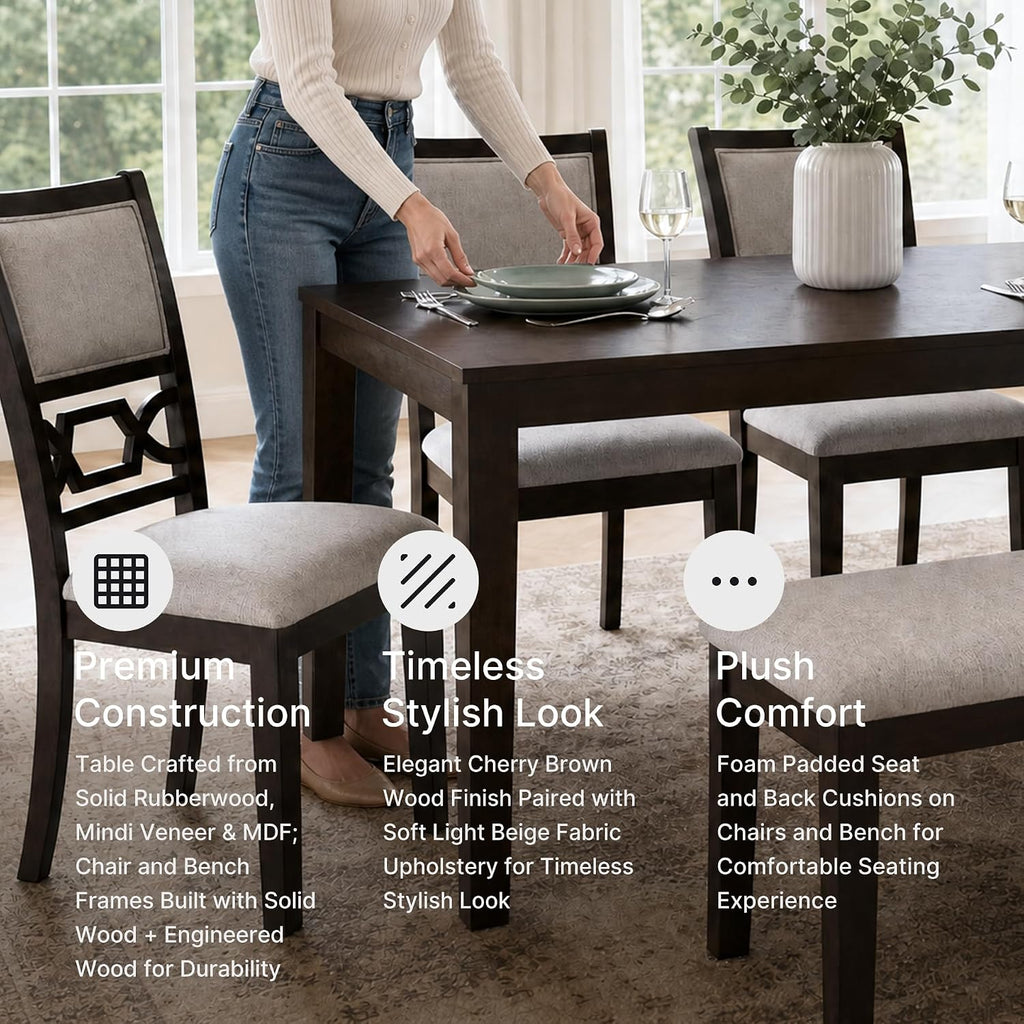 Signature Design by Ashley Langwest Dining Room Table Set, 4 Upholstered Chairs and Bench, Seats 6, Cushioned Seats, Wood, Cherry Brown