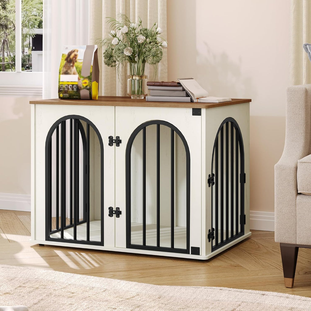 Hzuaneri 31.5'' Wooden Dog Crate Furniture, Indoor Dog Kennel Dogs Cage for Small/Medium Dogs, Heavy Duty Dog Crates Decorative Pet House End Side Table TV Stand, White Brown DFC85114B