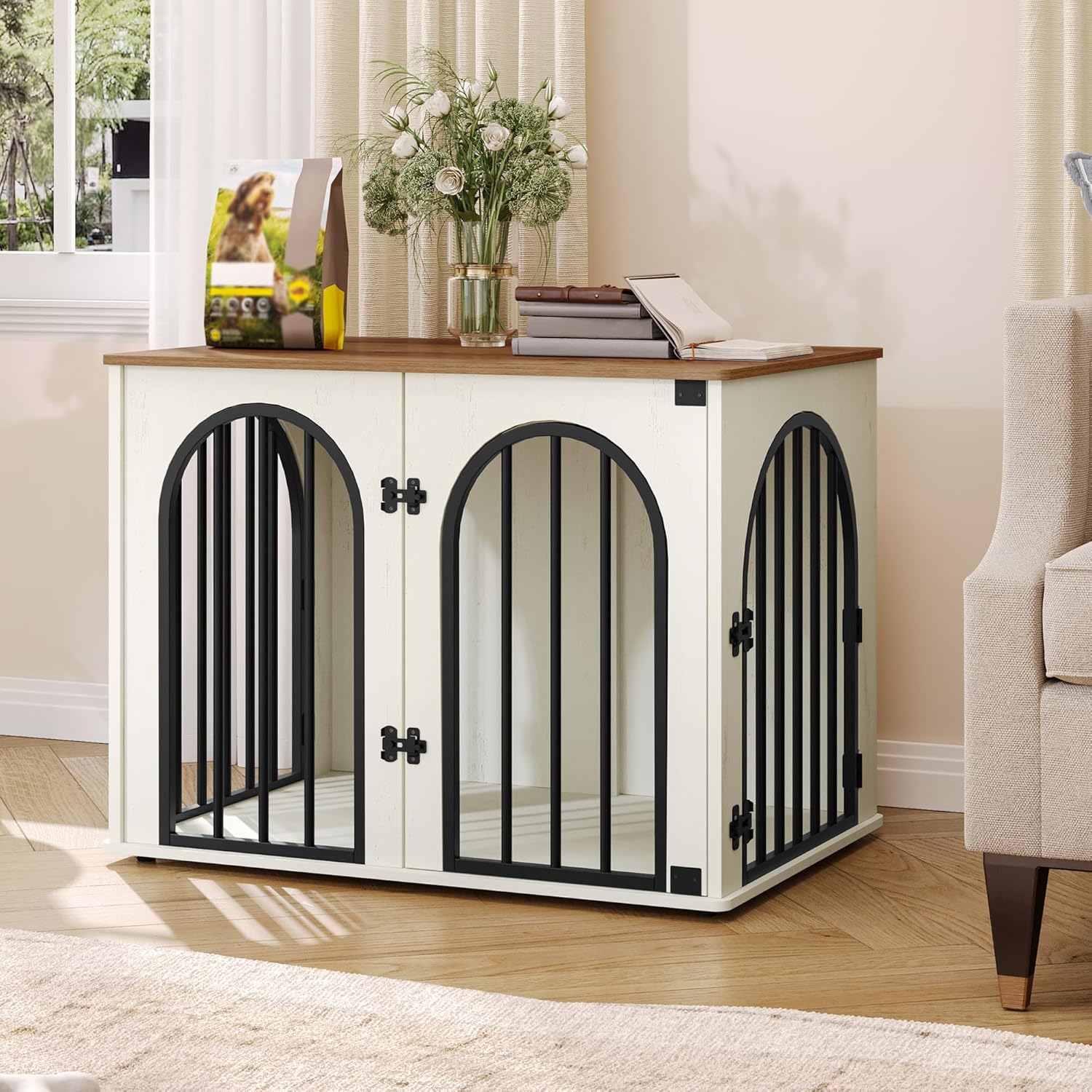 Hzuaneri 31.5'' Wooden Dog Crate Furniture, Indoor Dog Kennel Dogs Cage for Small/Medium Dogs, Heavy Duty Dog Crates Decorative Pet House End Side Table TV Stand, White Brown DFC85114B