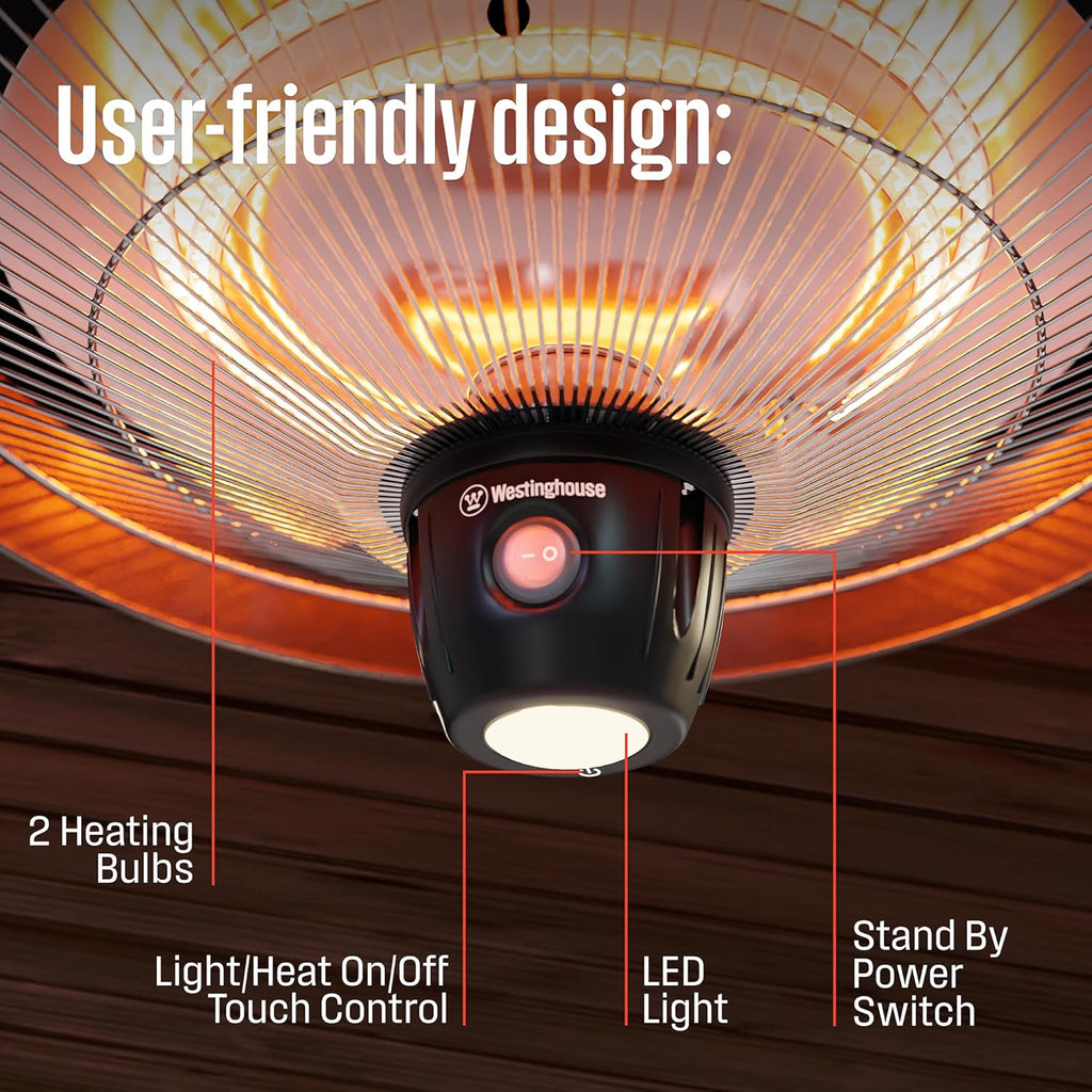 Westinghouse Outdoor Ceiling Patio Heater, Water Resistant, Adjustable Heat Output Up to 1500W, Auto Shut Off Overheat Protection, Hanging Infrared Heater for Patio Cover, Gazebo, & More - Gray