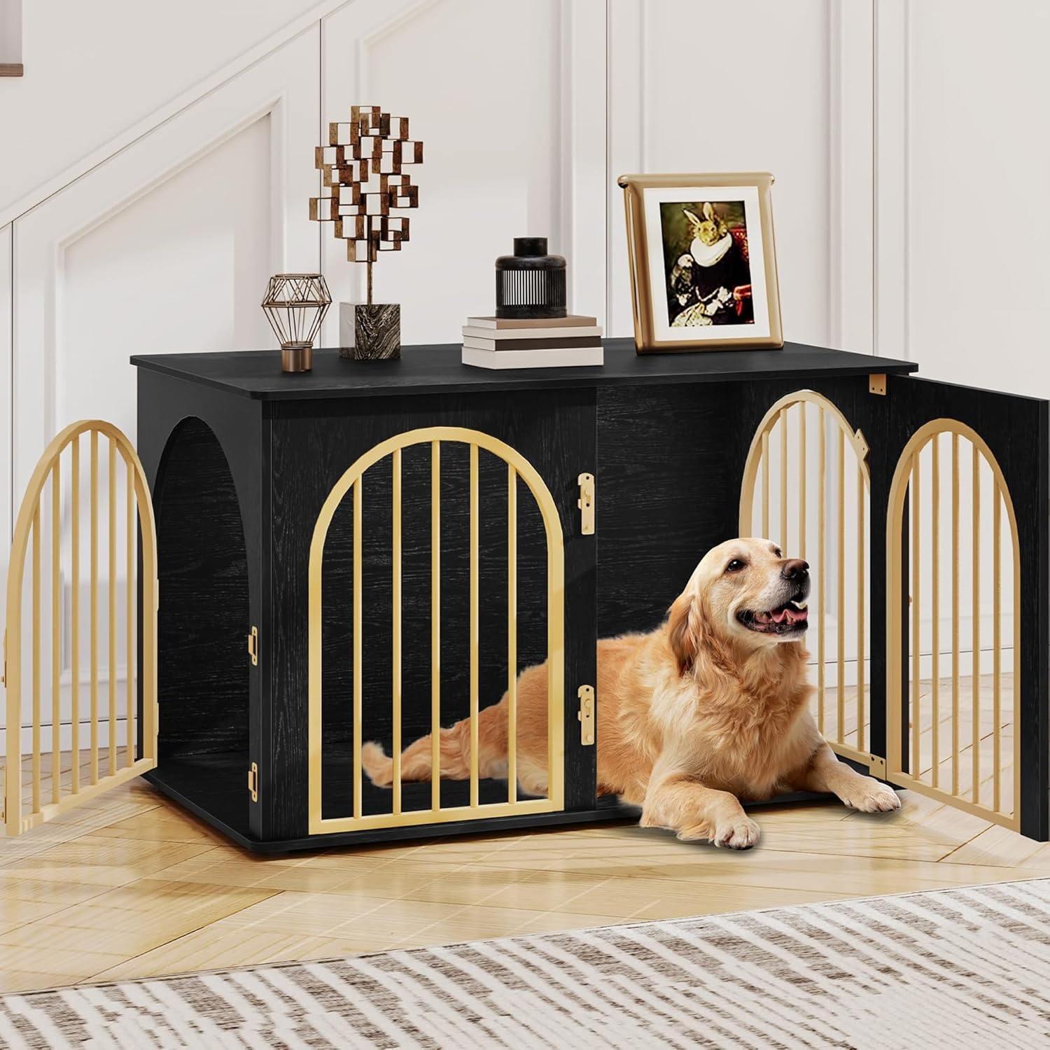 Hzuaneri 31.5'' Wooden Dog Crate Furniture, Indoor Dog Kennel Dogs Cage for Small/Medium Dogs, Heavy Duty Dog Crates Decorative Pet House End Side Table TV Stand, White Brown DFC85114B