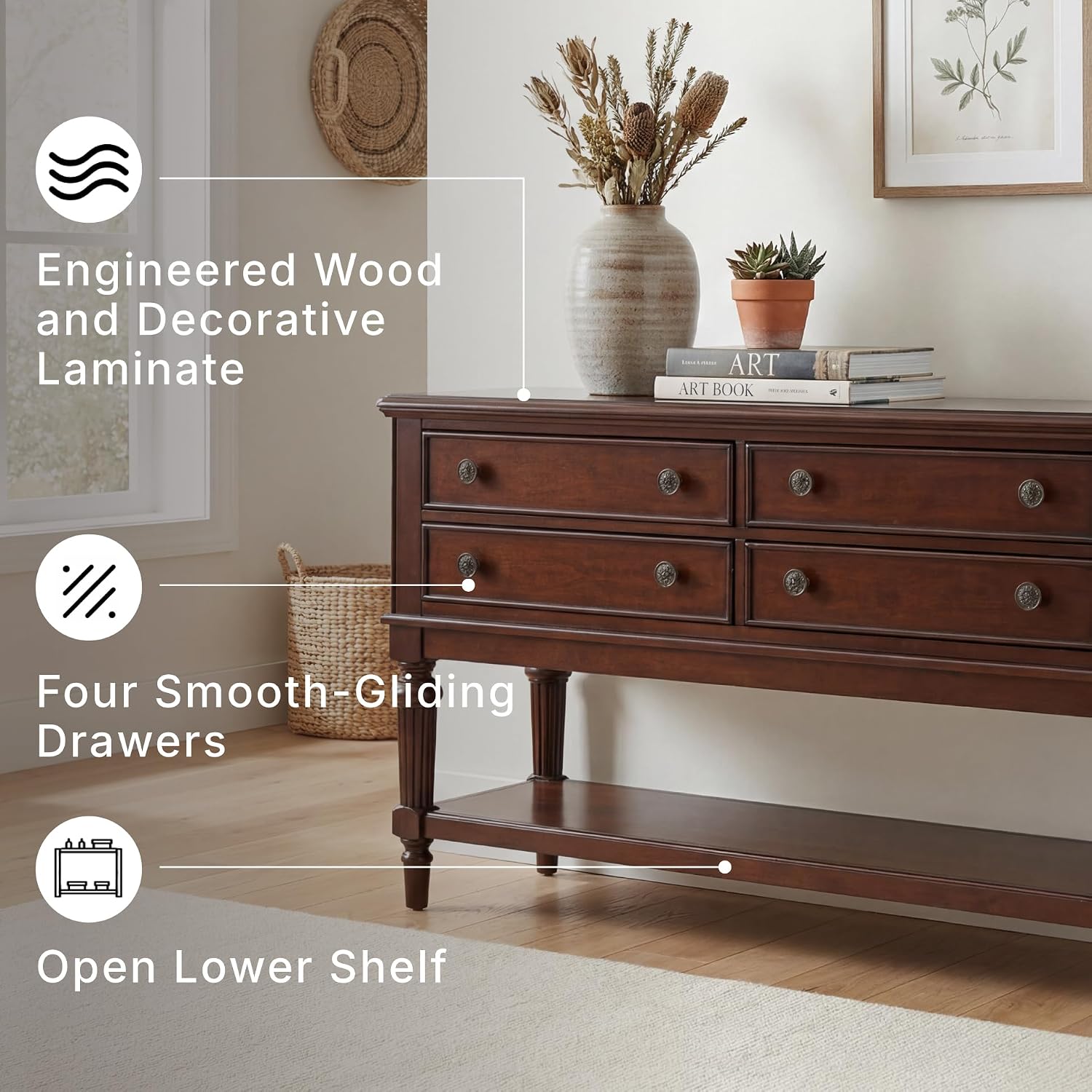 Signature Design by Ashley Lavinton Classic 4-Drawer Dining Server with Open Shelf, Dark Brown