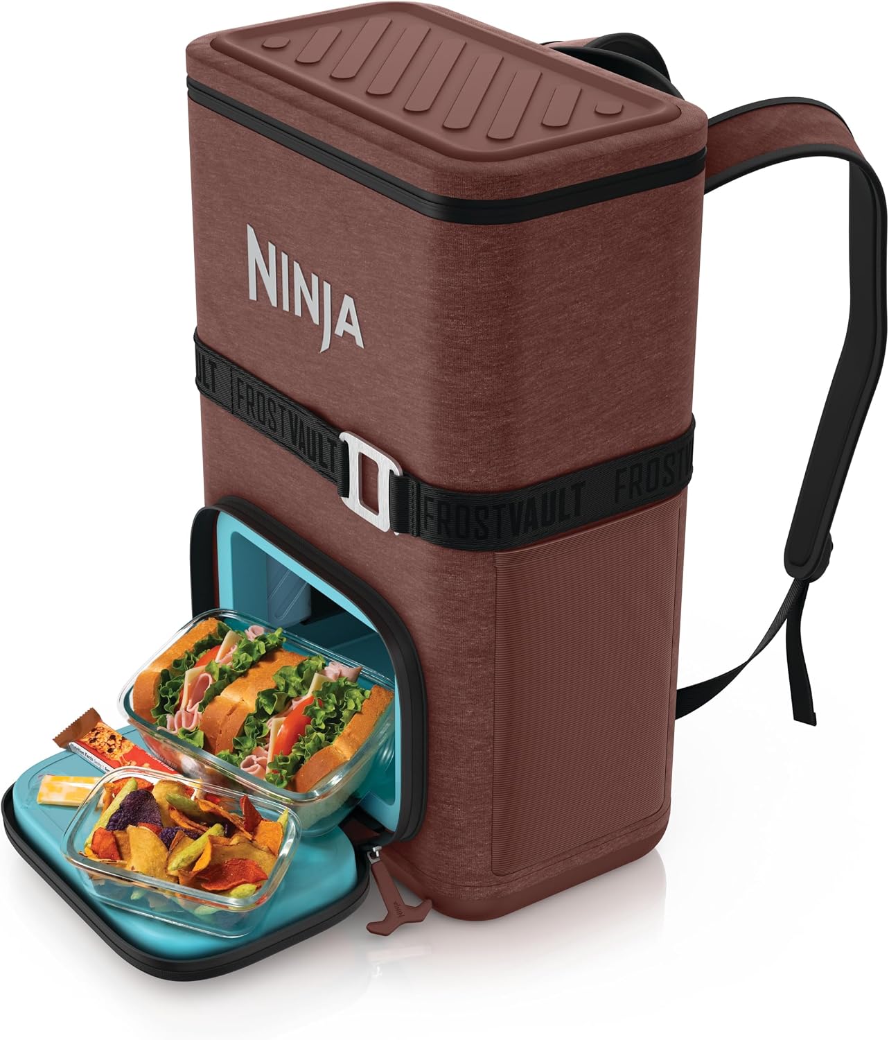 Ninja | Backpack Cooler | FrostVault Go 24 Can Soft Cooler | Leakproof Zipper with Built in Can Opener, 2 Ice Packs & Dry Storage Drawer | for Hiking, Camping & More | Canyon Red | FF124MR