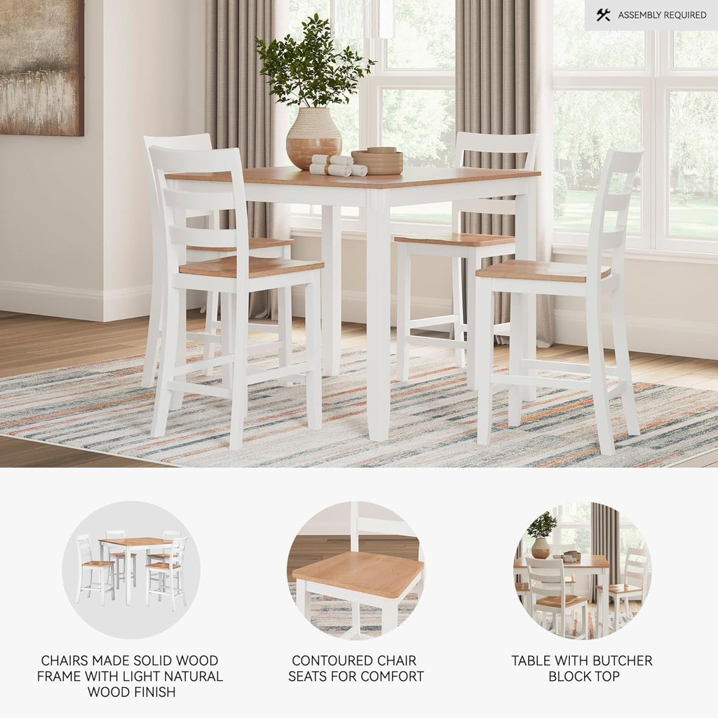 Signature Design by Ashley Gesthaven Dining Table Set, Counter Height Table with 4 Bar Stools, Butcher Block Veneer Top, Two-Tone White/Natural Mango Finish