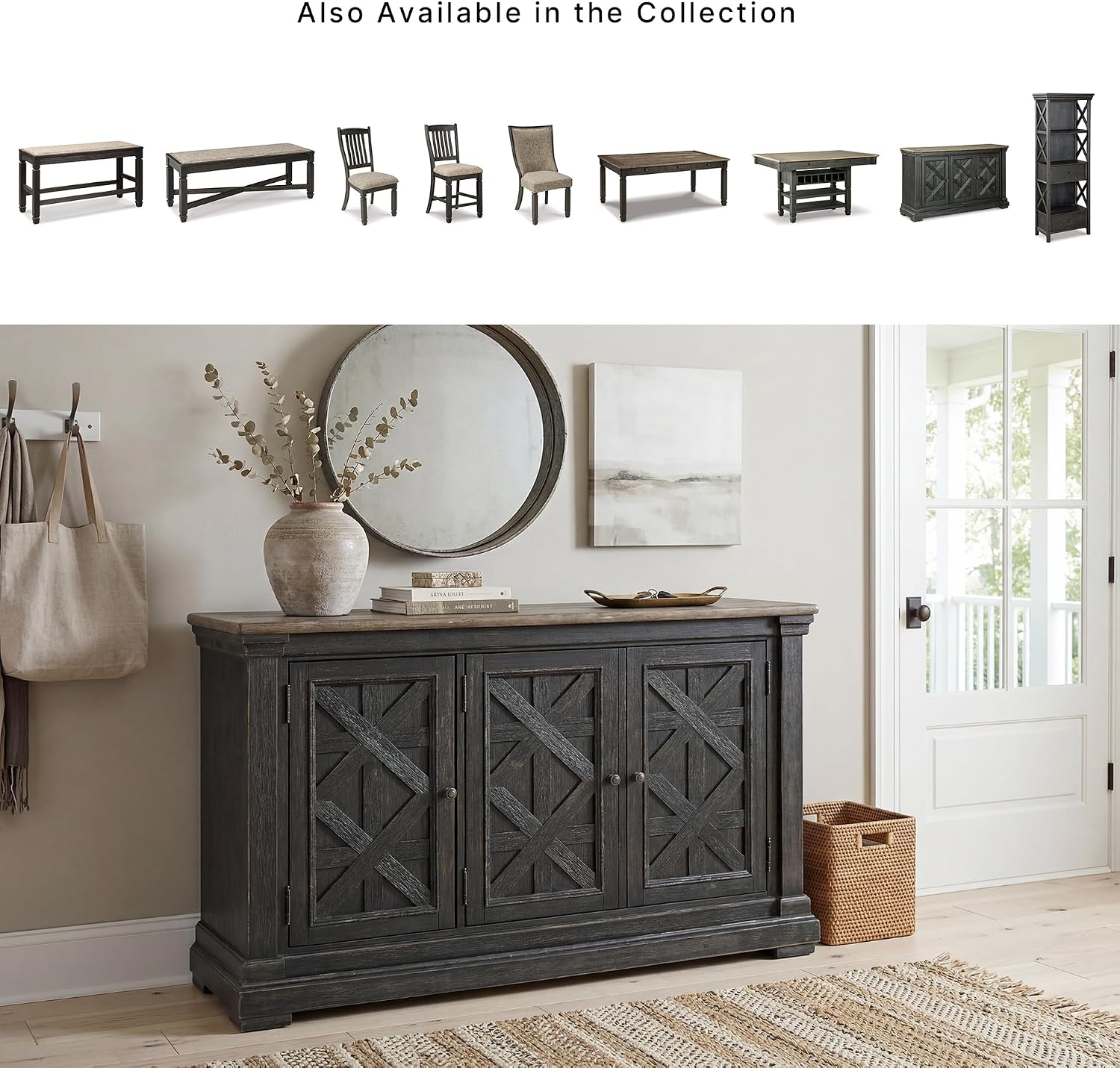 Signature Design by Ashley Tyler Creek Vintage Casual Dining Room Buffet Cabinet or Server with 3 Doors and Lattice Design, Wood, 36" High, Black & Gray