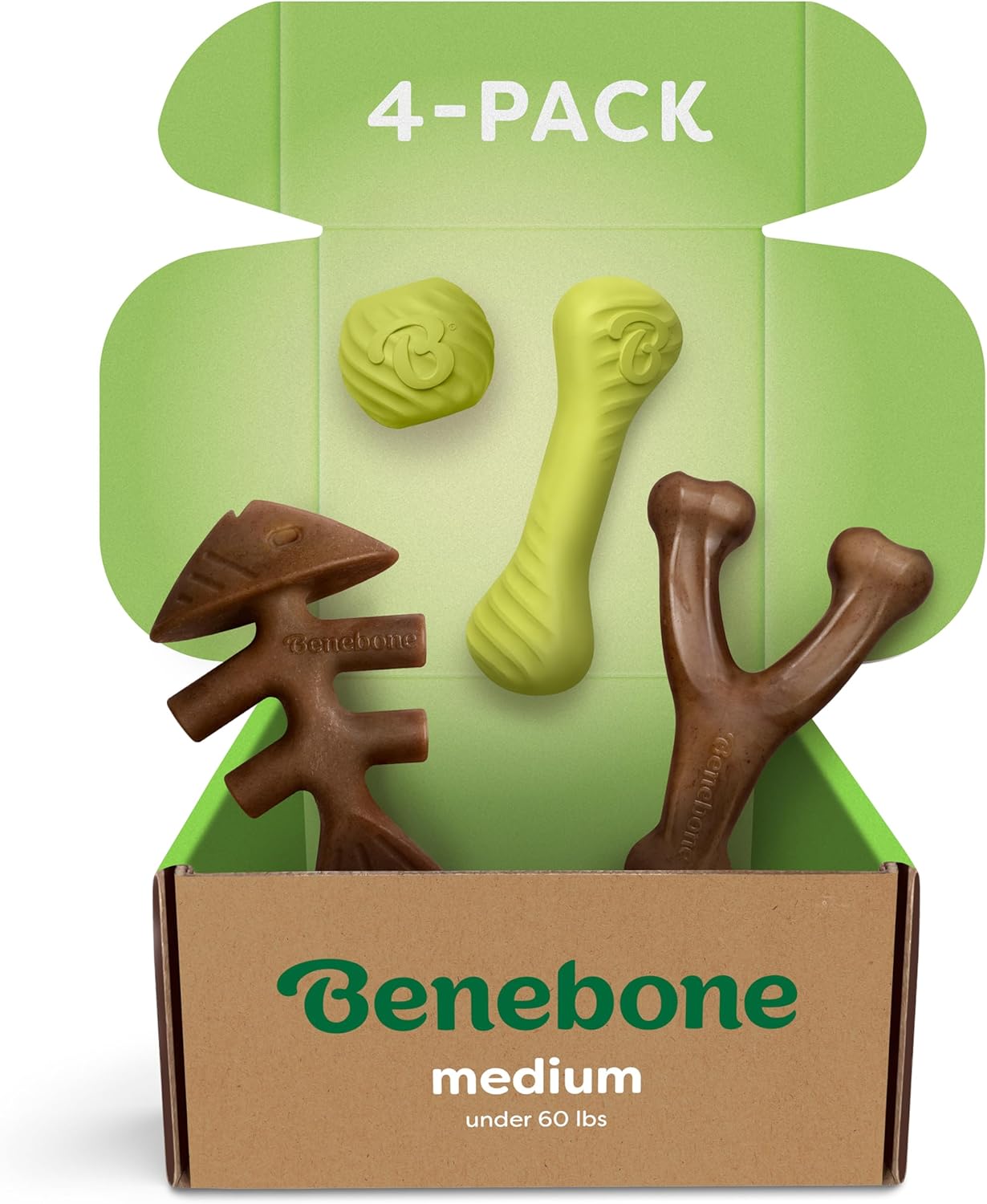 Benebone Medium 4-Pack Dog Toys for Aggressive Chewers – Durable Dog Bones, Made in USA – Dog Toys for Medium Dogs Under 60 lbs