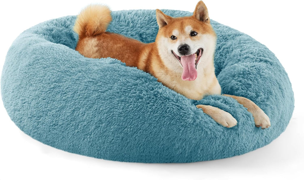 Bedsure Calming Dog Bed Medium Size Dog - Donut Washable Medium Pet Bed, 30 inches Anti-Slip Round Fluffy Plush Faux Fur Cat Bed, Fits up to 45 lbs Pets, Camel