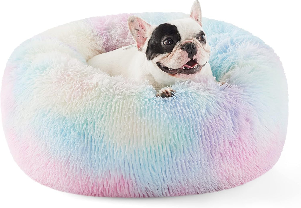 Bedsure Calming Dog Bed Medium Size Dog - Donut Washable Medium Pet Bed, 30 inches Anti-Slip Round Fluffy Plush Faux Fur Cat Bed, Fits up to 45 lbs Pets, Camel