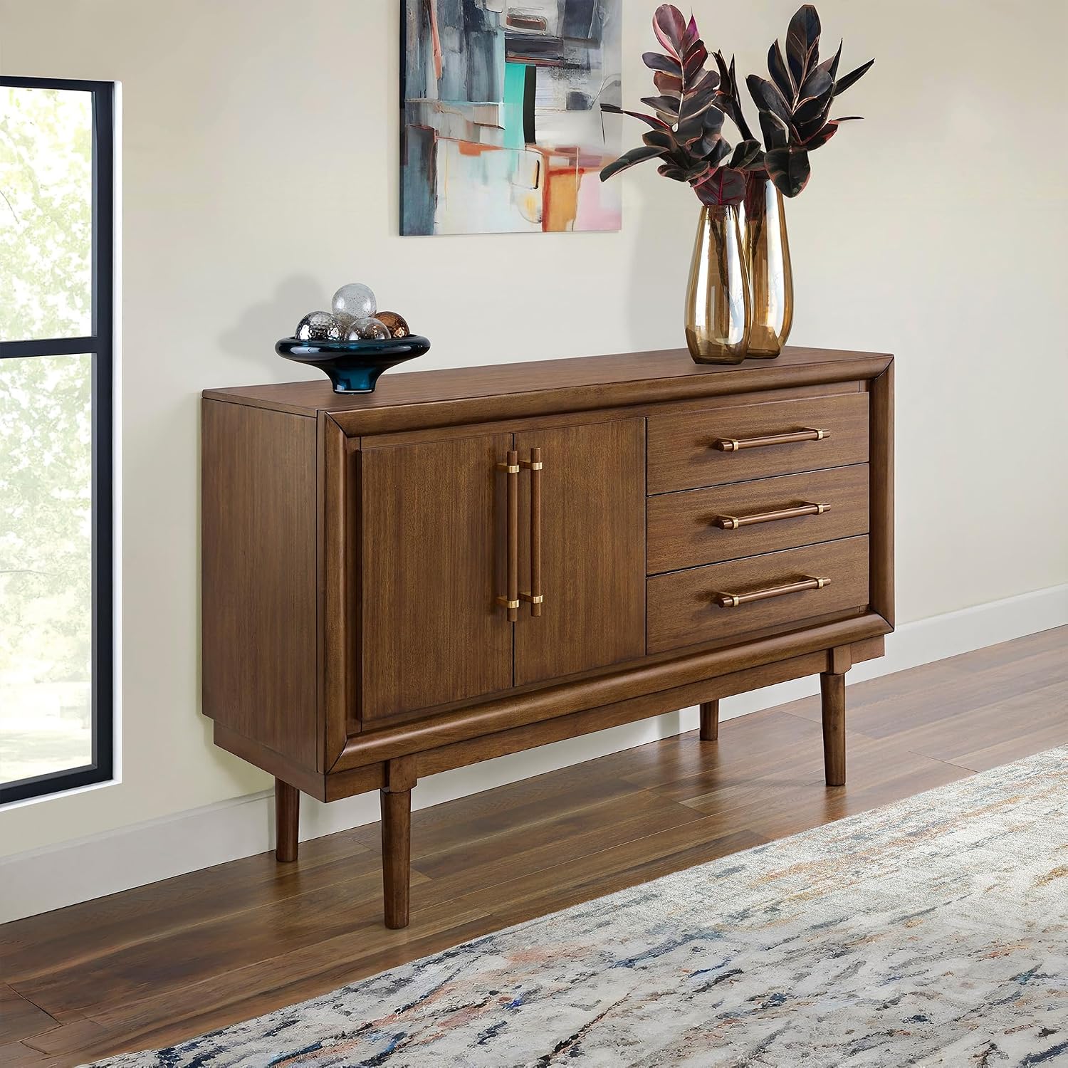Signature Design by Ashley Lyncott Contemporary 2-Door Dining Server with Fixed Shelf and Felt-Lined Drawers, Light Brown