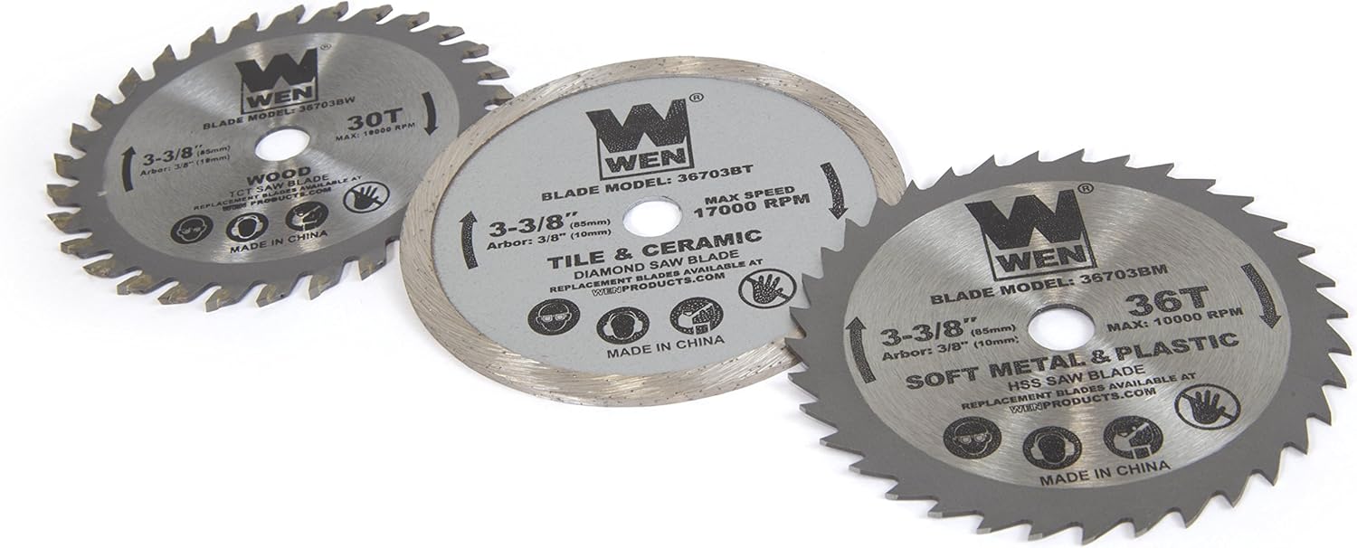 WEN 4.2-Amp 3-3/8-Inch Plunge Cut Compact Circular Saw with Laser, Carrying Case, and Three Blades (36704)