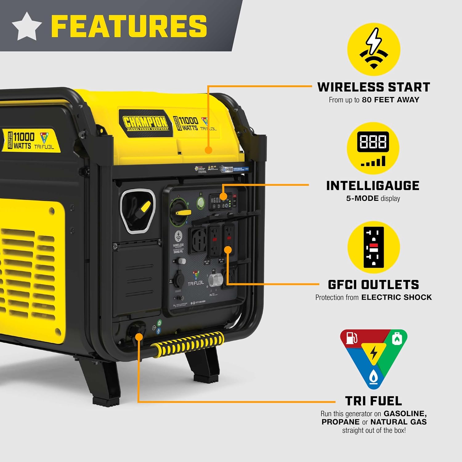 Champion Power Equipment 11,000-Watt Wireless Remote Start Tri Fuel Home Backup Portable Inverter Generator with Quiet Technology and Free 3-Year Warranty