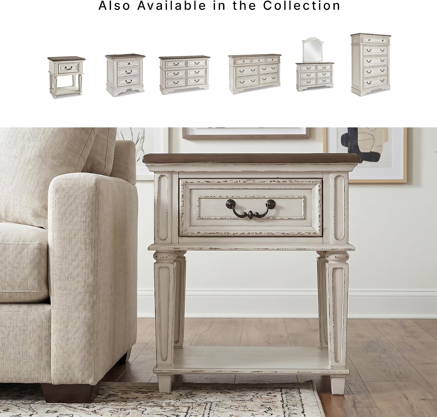 Signature Design by Ashley Realyn Traditional Cottage 1 Drawer Nightstand with Dovetail Construction & Open Display Shelf, Chipped White, 27" Tall, Distressed Brown