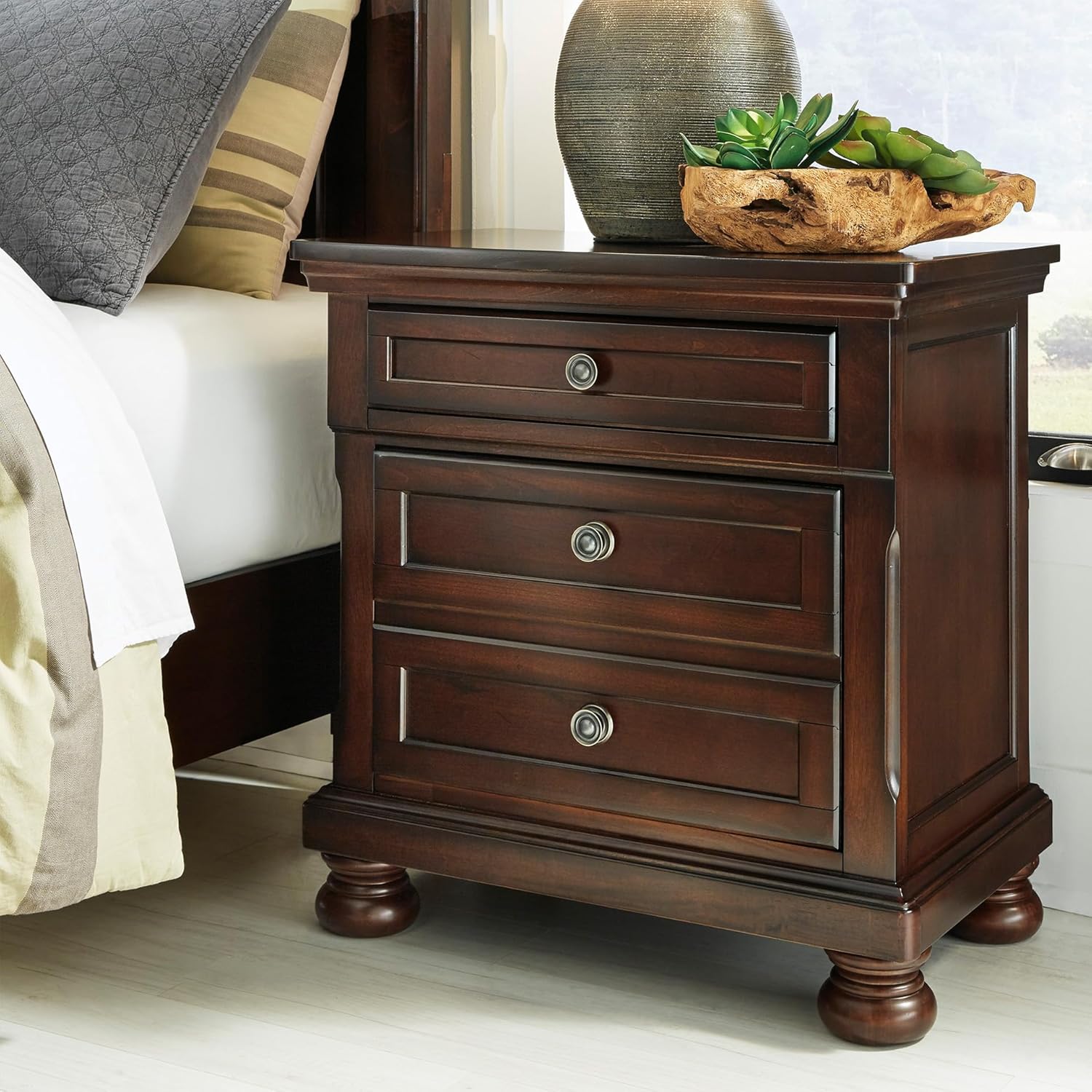 Signature Design by Ashley Porter Classic 2 Drawer Nightstand with Dovetail and Ball-bearing Construction, 29.88" Tall, Dark Brown