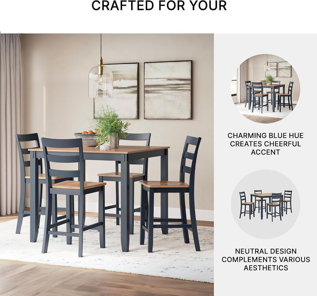 Signature Design by Ashley Gesthaven Counter Height Dining Table Set 4 Bar Stools, Butcher Block Veneer Top, Natural Mango Wood and Dark Slate Blue, 41.88" Square