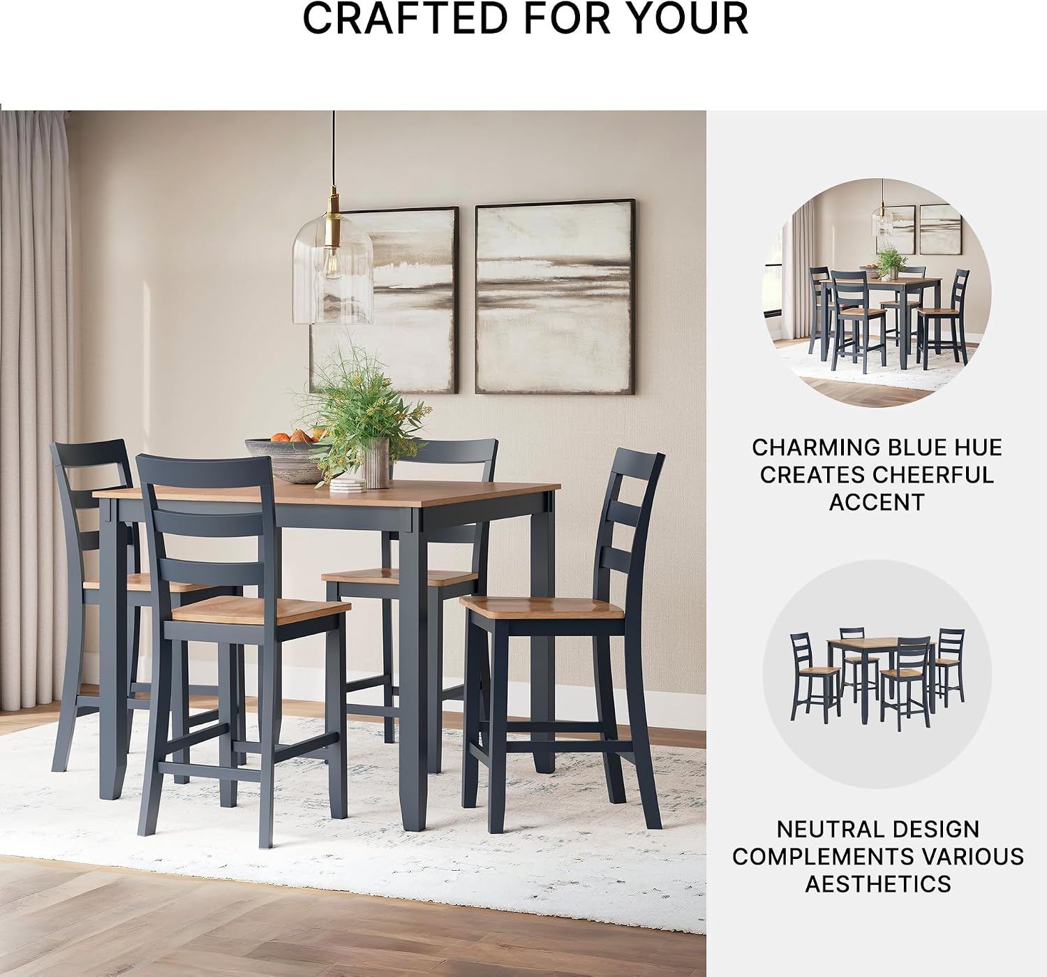 Signature Design by Ashley Gesthaven Counter Height Dining Table Set 4 Bar Stools, Butcher Block Veneer Top, Natural Mango Wood and Dark Slate Blue, 41.88" Square