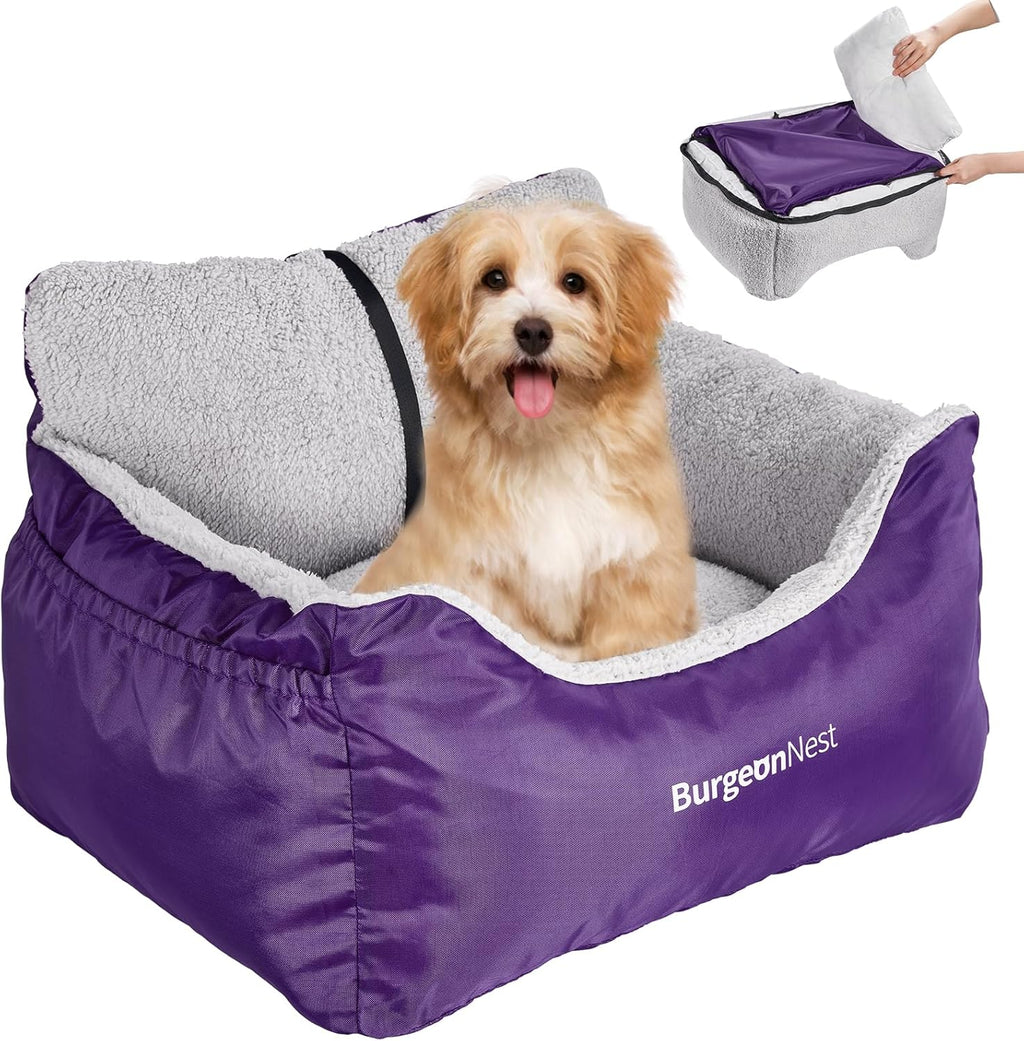 BurgeonNest Dog Car Seat for Small Dogs, Soft Pet Car Travel Home Bed Under 25 lbs, Fully Detachable and Washable Cat Booster Carseats with Storage Pockets and Clip-On Leash Portable Carrier,Black
