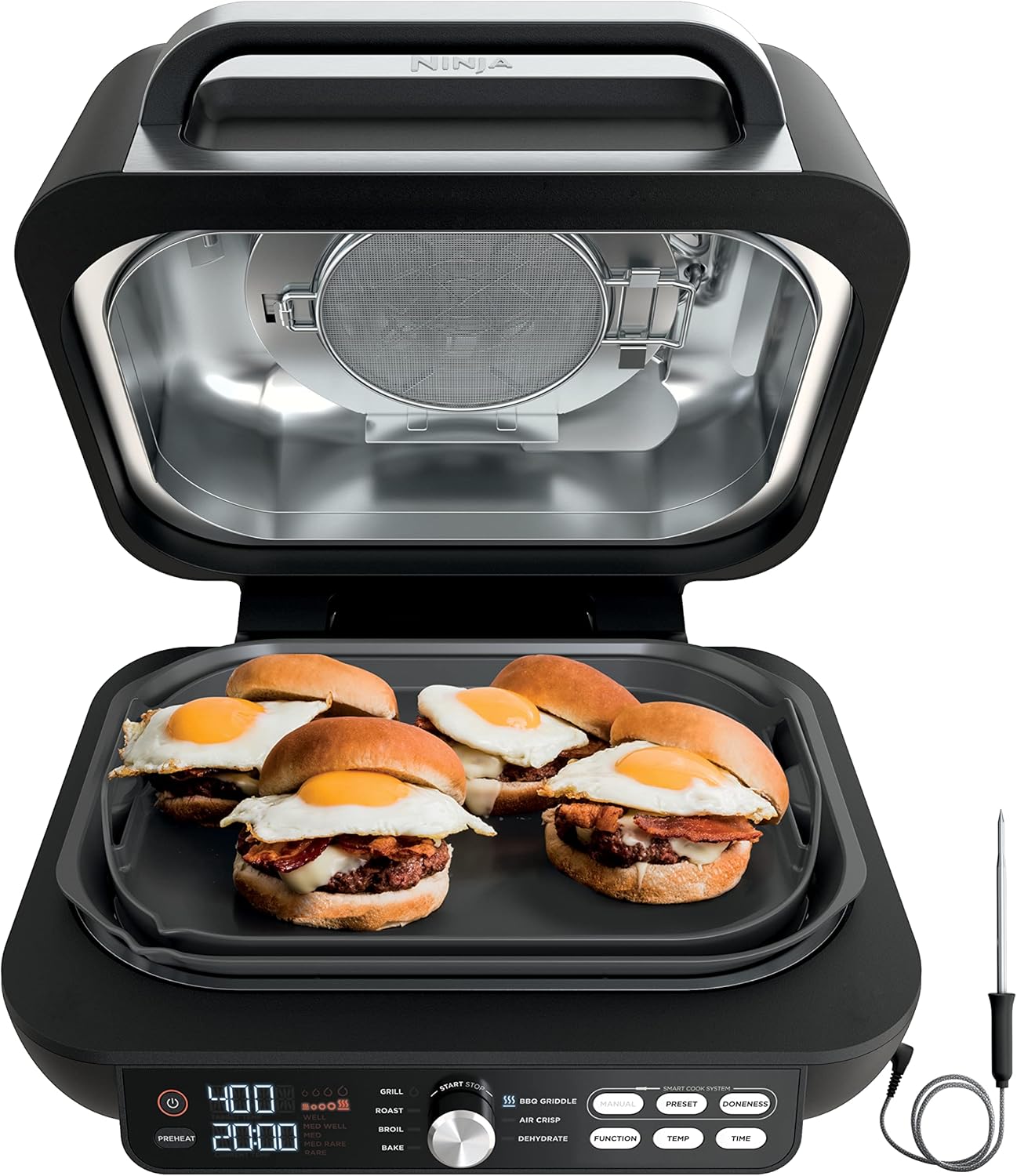Ninja IG651 Foodi Smart XL Pro 7-in-1 Indoor Grill/Griddle Combo, use Opened or Closed, Air Fry, Dehydrate & More, Pro Power Grate, Flat Top, Crisper, Smart Thermometer, Black
