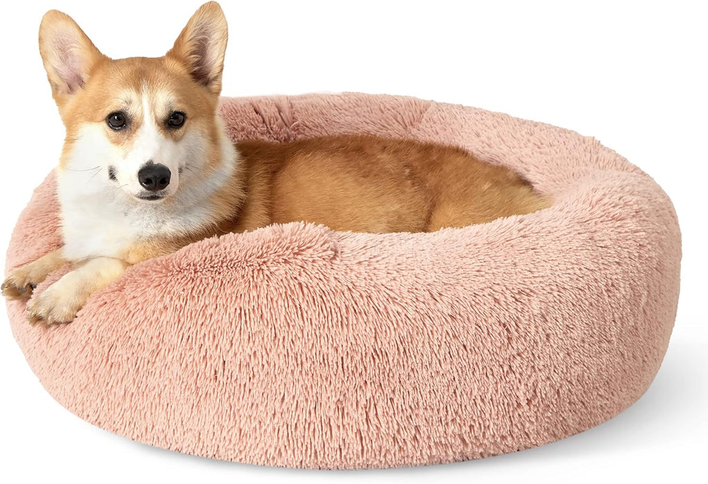 Bedsure Calming Dog Bed Medium Size Dog - Donut Washable Medium Pet Bed, 30 inches Anti-Slip Round Fluffy Plush Faux Fur Cat Bed, Fits up to 45 lbs Pets, Camel