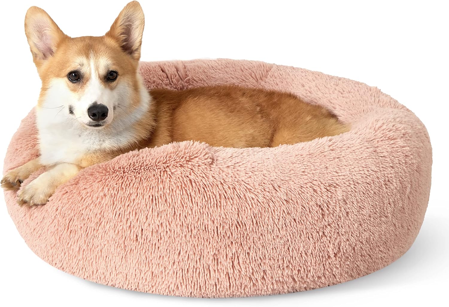 Bedsure Calming Dog Bed Medium Size Dog - Donut Washable Medium Pet Bed, 30 inches Anti-Slip Round Fluffy Plush Faux Fur Cat Bed, Fits up to 45 lbs Pets, Camel