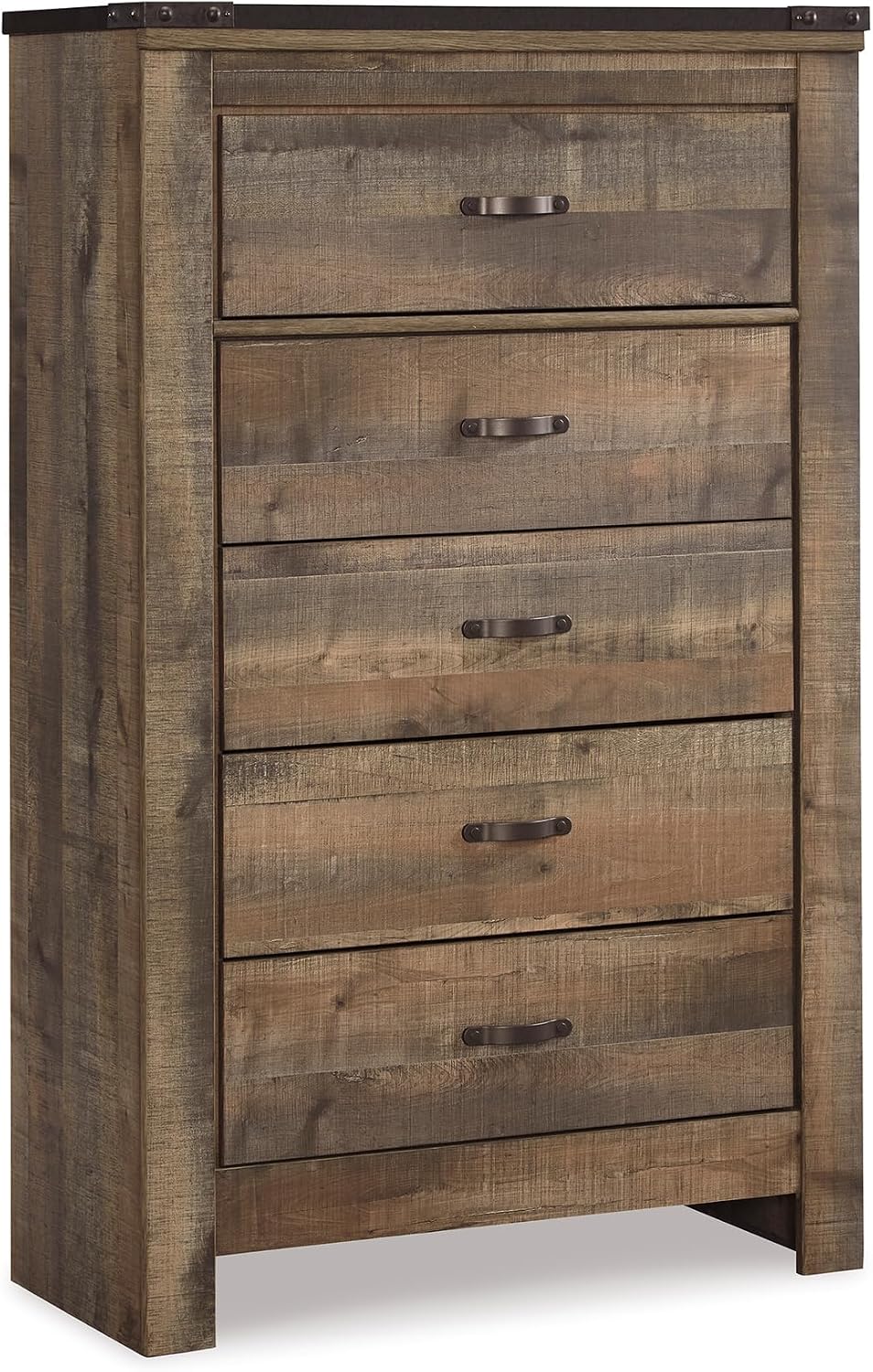 Signature Design by Ashley Trinell Rustic 5 Drawer Chest of Drawers with Nailhead Trim, Warm Brown