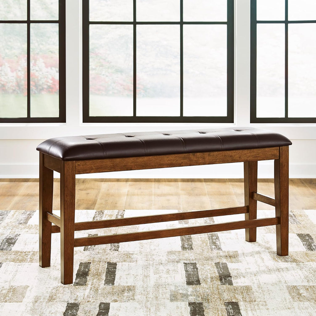 Signature Design by Ashley Ralene Classic Tufted Faux Leather Upholstered Counter Height Dining Bench with Distressed Finish, Dark Brown