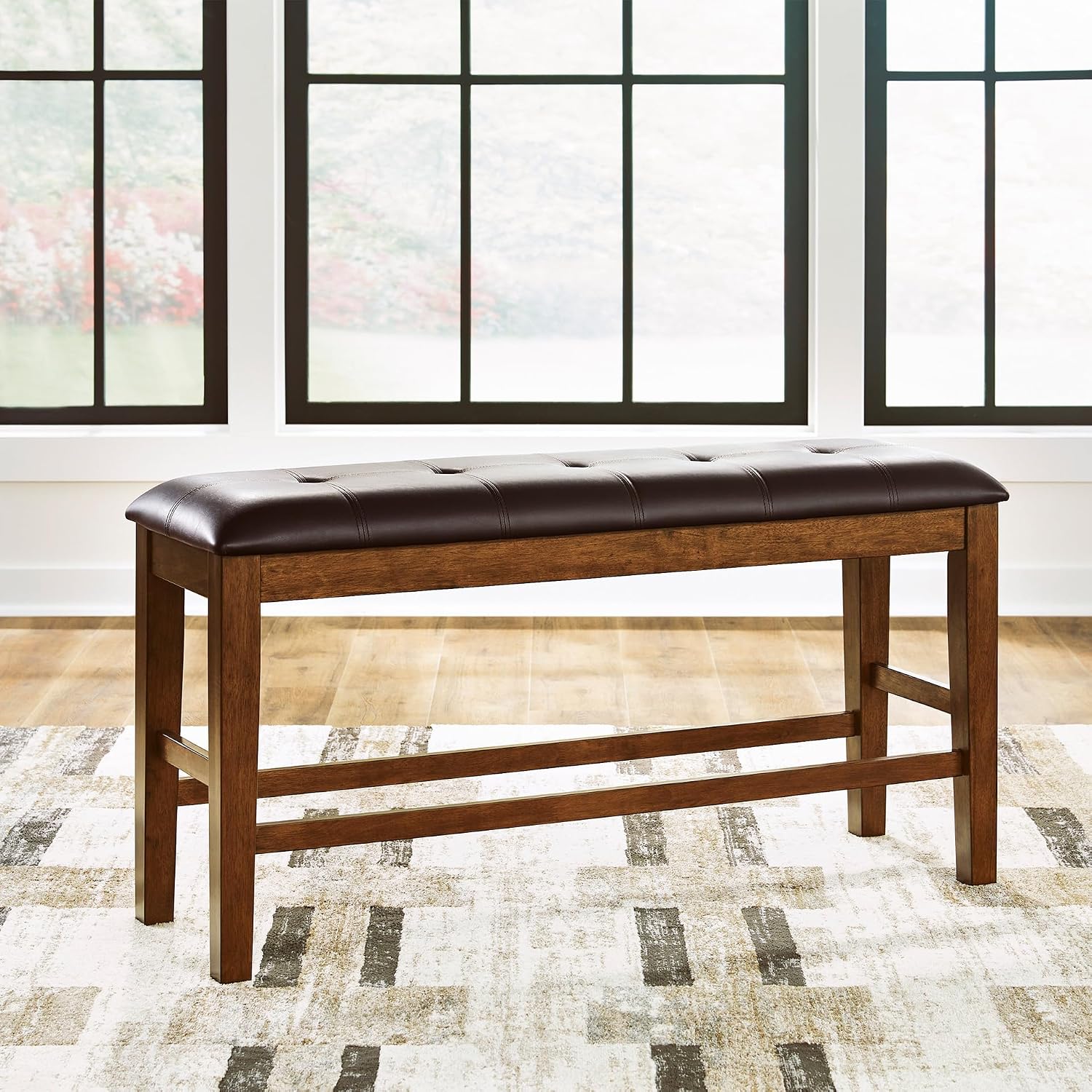 Signature Design by Ashley Ralene Classic Tufted Faux Leather Upholstered Counter Height Dining Bench with Distressed Finish, Dark Brown