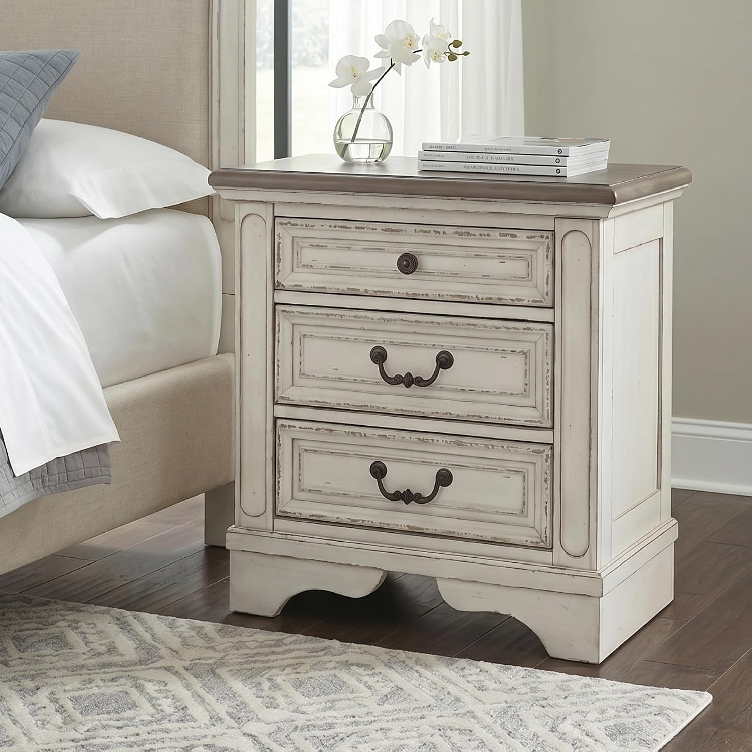 Signature Design by Ashley Realyn Nightstand with USB Charging Station, French Country 3 Drawer Bedside Table for Bedroom, Veneers, Wood and Engineered Wood, with Cast Resin Components, 27 Inches