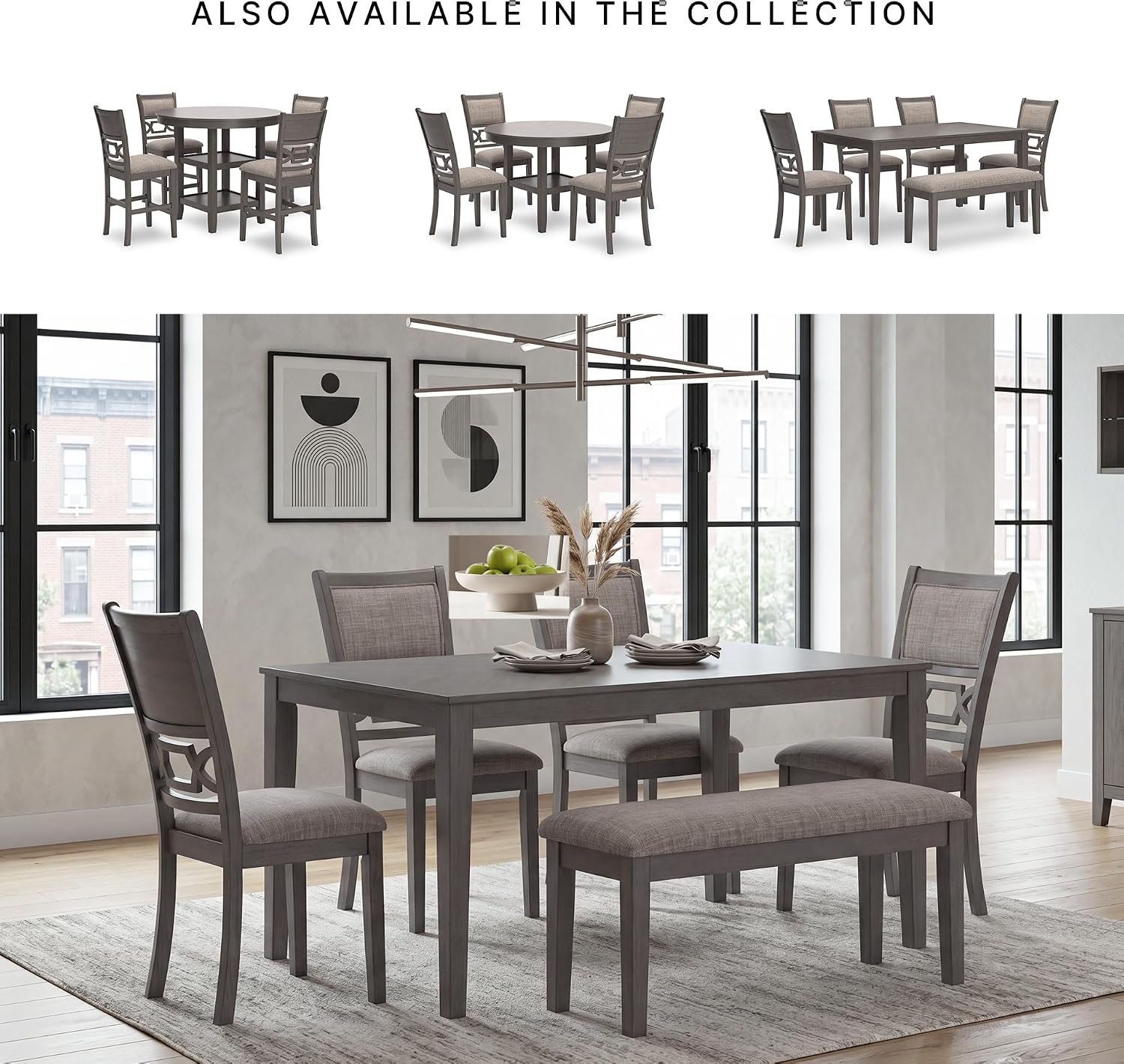 Signature Design by Ashley Wrenning Diamond Patterned Dining Table Set, 4 Upholstered Chairs and Bench, Seats 6, Wood, Gray
