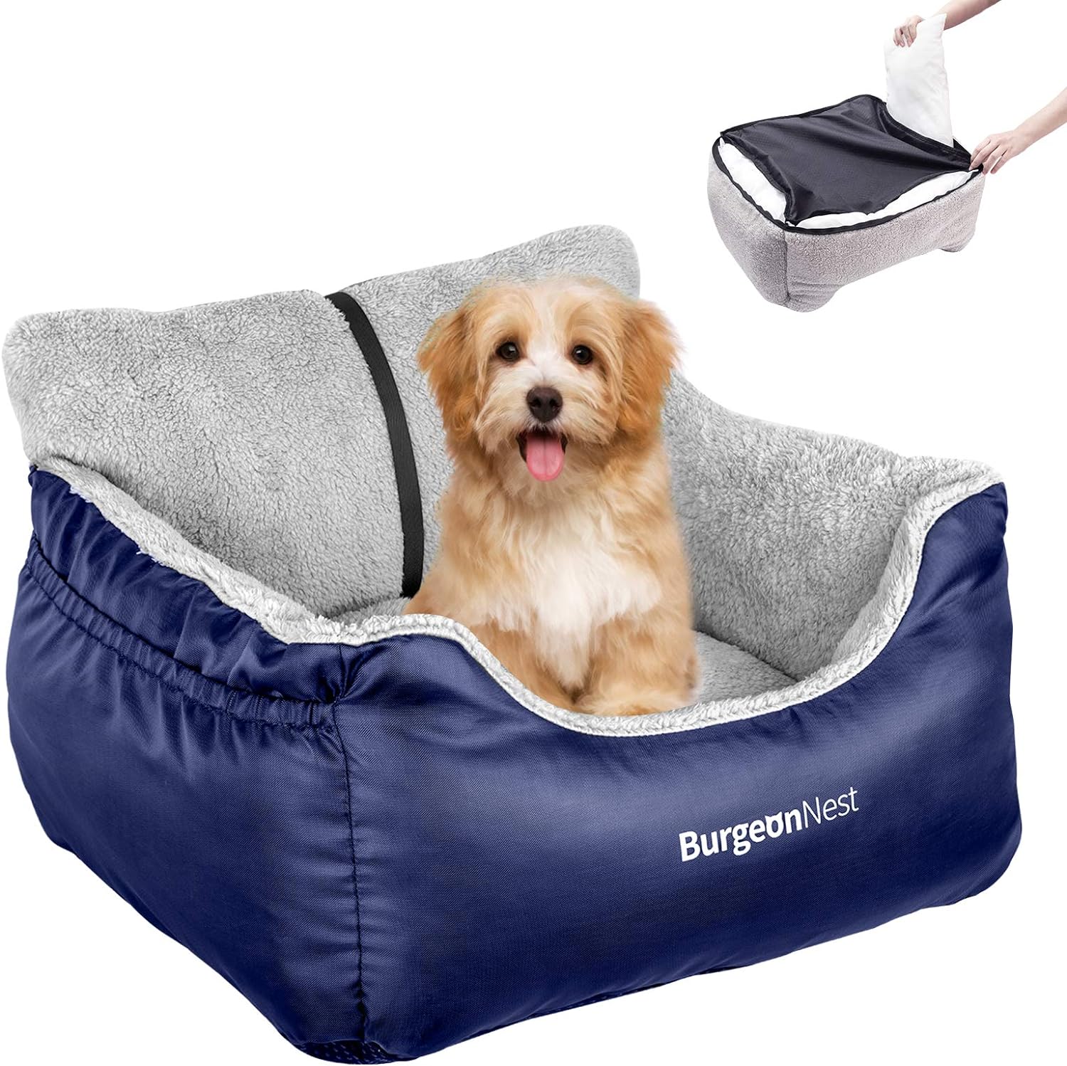 BurgeonNest Dog Car Seat for Small Dogs, Soft Pet Car Travel Home Bed Under 25 lbs, Fully Detachable and Washable Cat Booster Carseats with Storage Pockets and Clip-On Leash Portable Carrier,Black