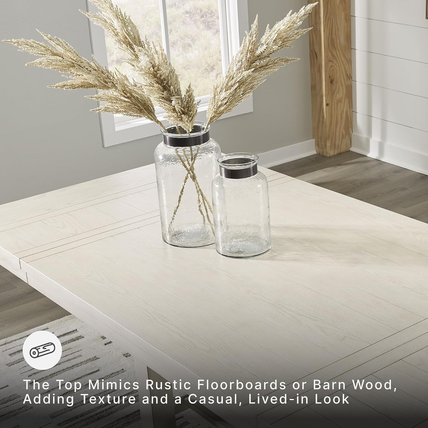 Signature Design by Ashley Robbinsdale Casual Removable Center Leaf Dining Extension Table with Trestle Base, Wood, Ash Veneer, Tabletop with Planked Effect, 2 Removable Center Leaves, Seats 8, White