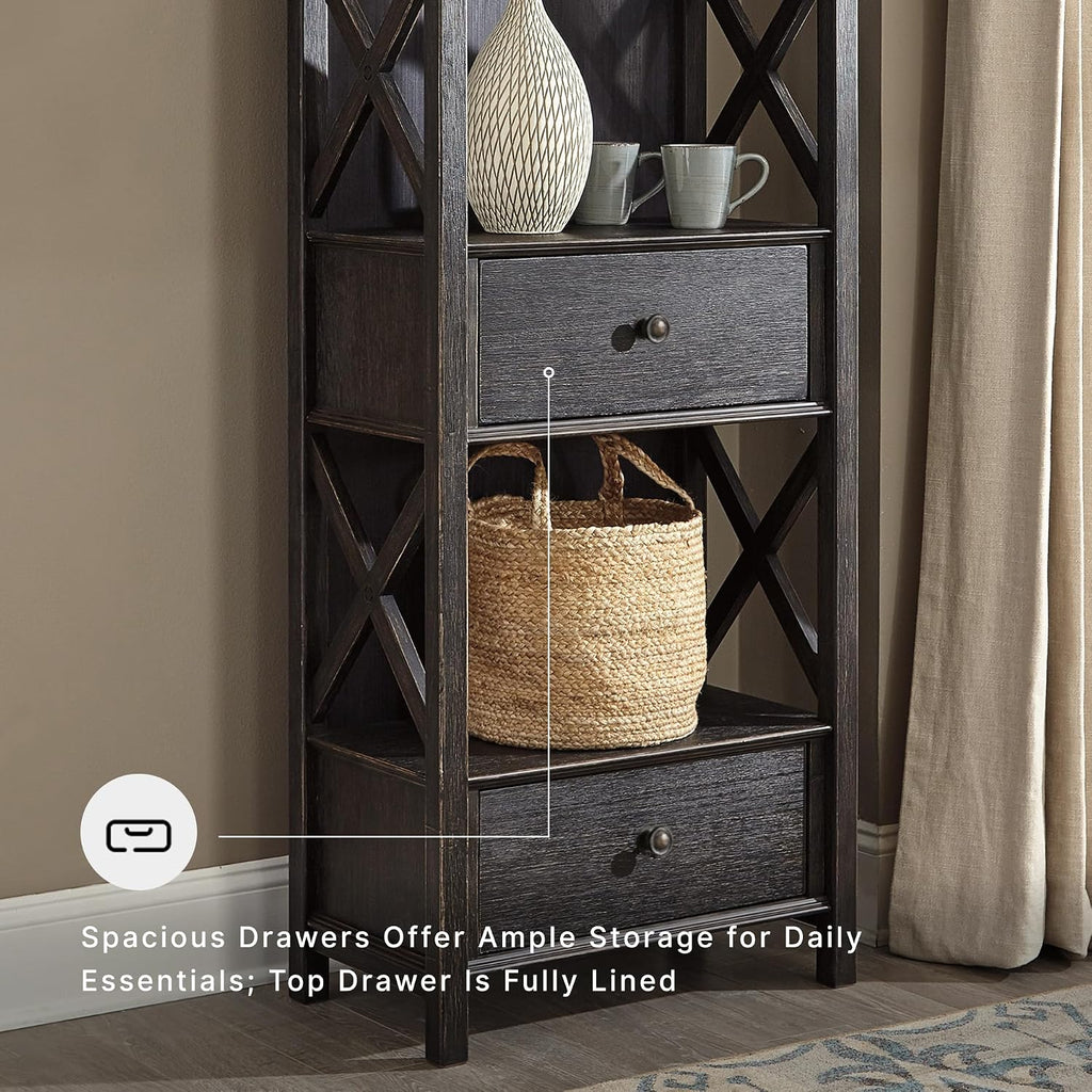 Signature Design by Ashley Tyler Creek Casual Farmhouse 75" Display Cabinet or Bookcase with Drawers and Shelf, Open Lattice Sides, Wood, Gray Black Finish