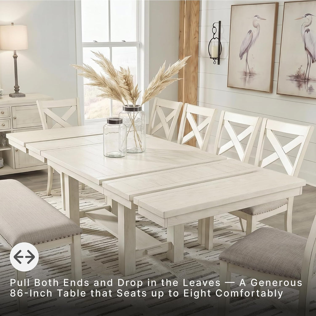 Signature Design by Ashley Robbinsdale Casual Removable Center Leaf Dining Extension Table with Trestle Base, Wood, Ash Veneer, Tabletop with Planked Effect, 2 Removable Center Leaves, Seats 8, White