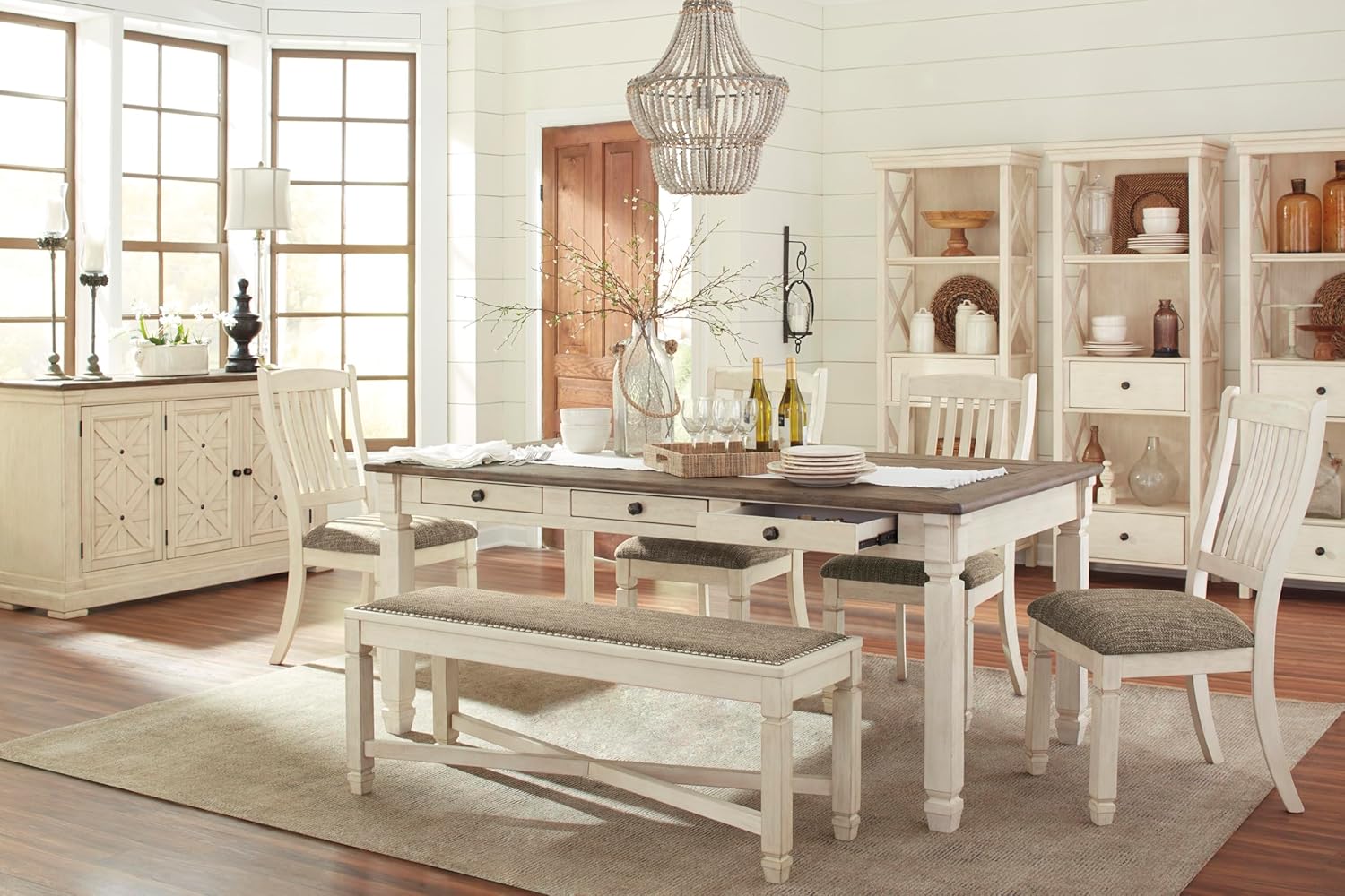 Signature Design by Ashley Bolanburg French Country Dining Room Server, 3 Doors, 2 Adjustable Shelves, Wood, 57.88" W x 18.13" D x 36" H, 2-tone White & Brown