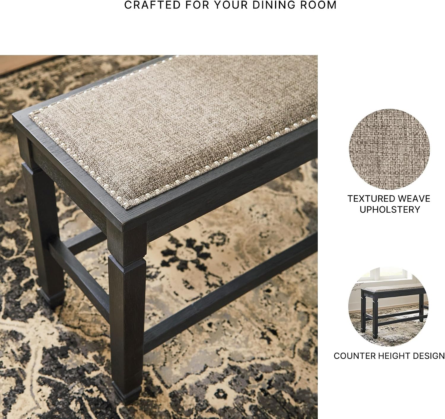 Signature Design by Ashley Tyler Creek Urban Farmhouse Counter Height Upholstered Dining Bench, Almost Black