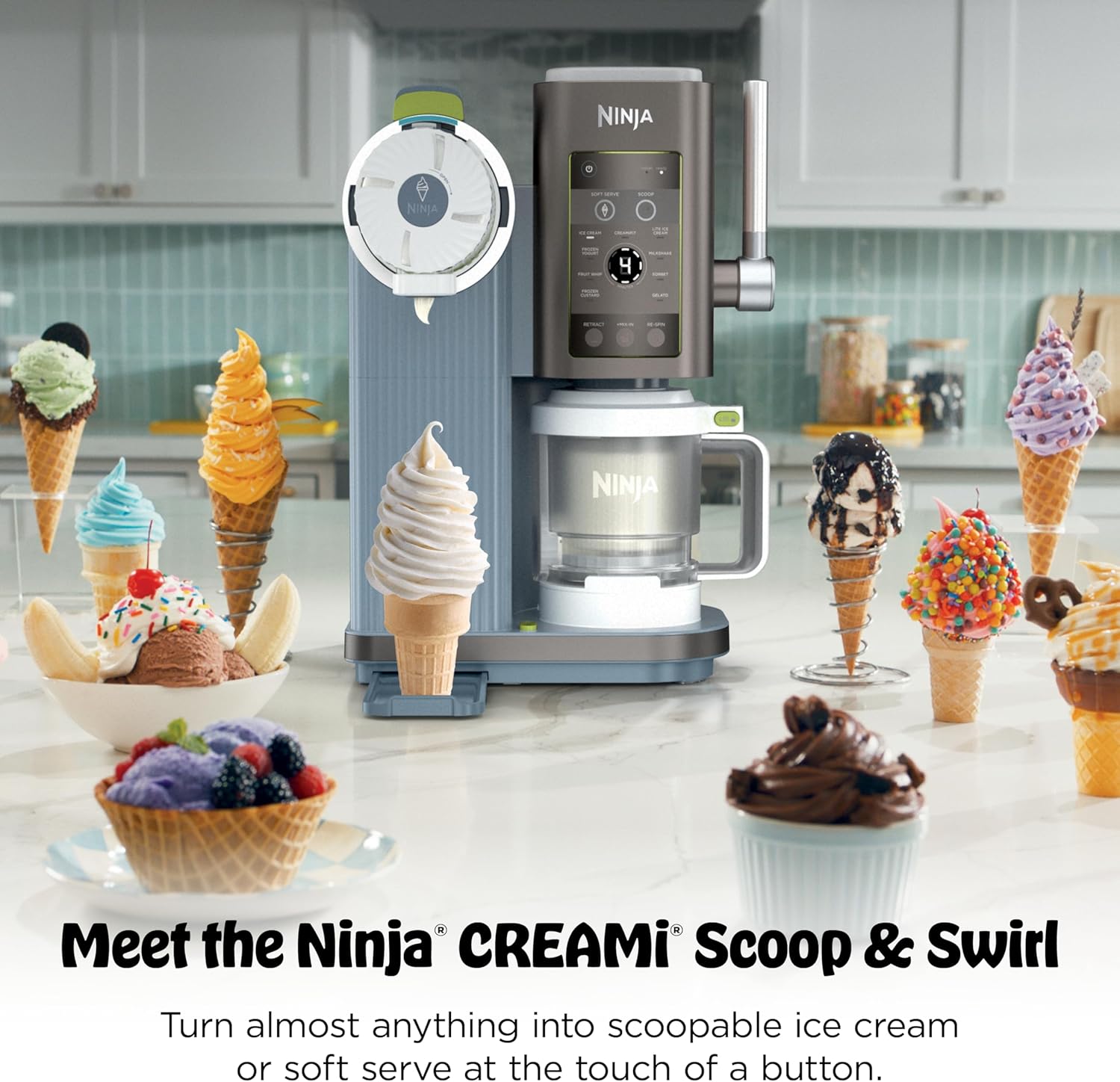 Ninja CREAMi Scoop & Swirl Ice Cream Maker, Soft Serve Desserts, Sorbet, Milkshakes, Frozen Yogurt and More, 13-in-1 Programs, Includes Handle and Two 16 oz 2-in-1 Pints, Blue, NC701ND