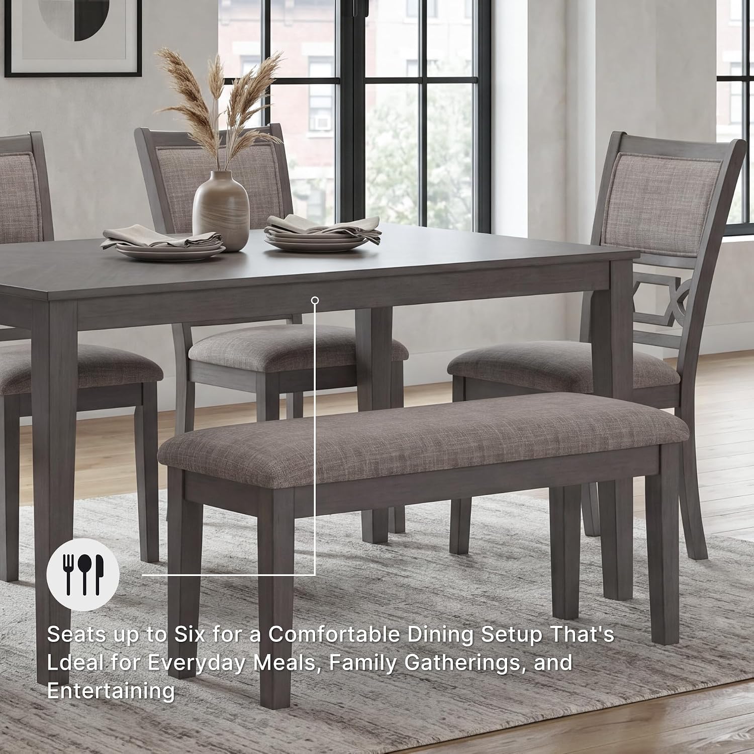 Signature Design by Ashley Wrenning Diamond Patterned Dining Table Set, 4 Upholstered Chairs and Bench, Seats 6, Wood, Gray