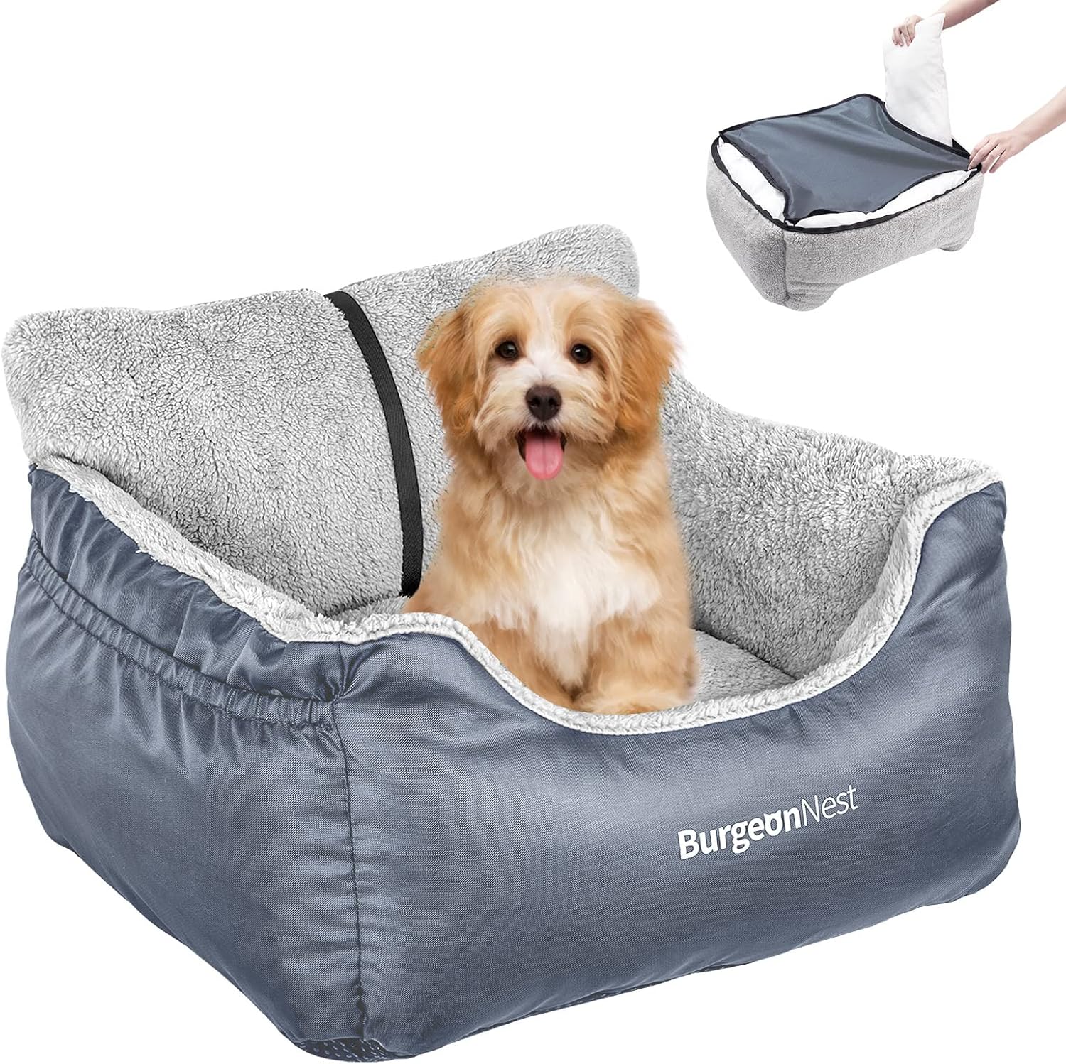 BurgeonNest Dog Car Seat for Small Dogs, Soft Pet Car Travel Home Bed Under 25 lbs, Fully Detachable and Washable Cat Booster Carseats with Storage Pockets and Clip-On Leash Portable Carrier,Black