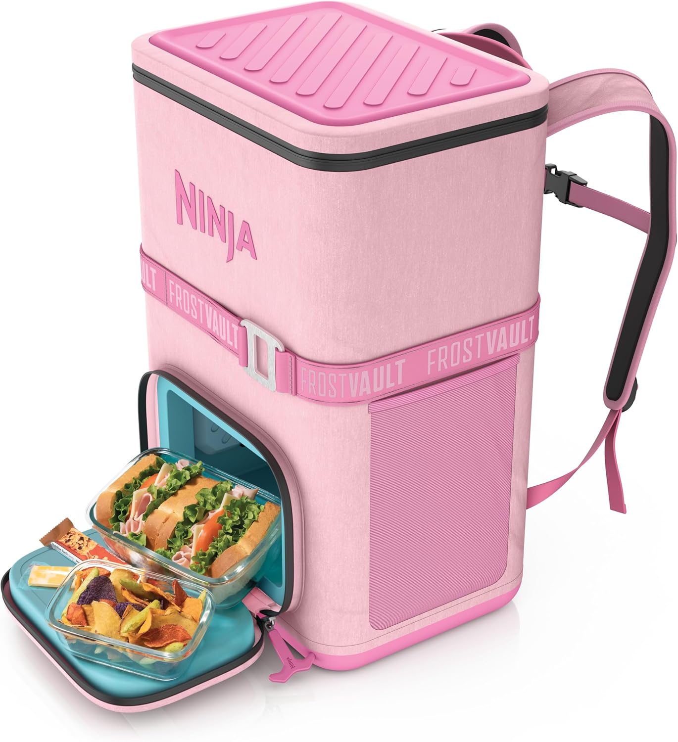 Ninja FrostVault Go Backpack Soft Cooler with Cold Dry Zone Storage, Ergonomic Backpack Straps for Lightweight Carrying, Premium Heavy Duty Insulated Cooler, Keeps Ice for Hours, Petal Pink, FF136PK