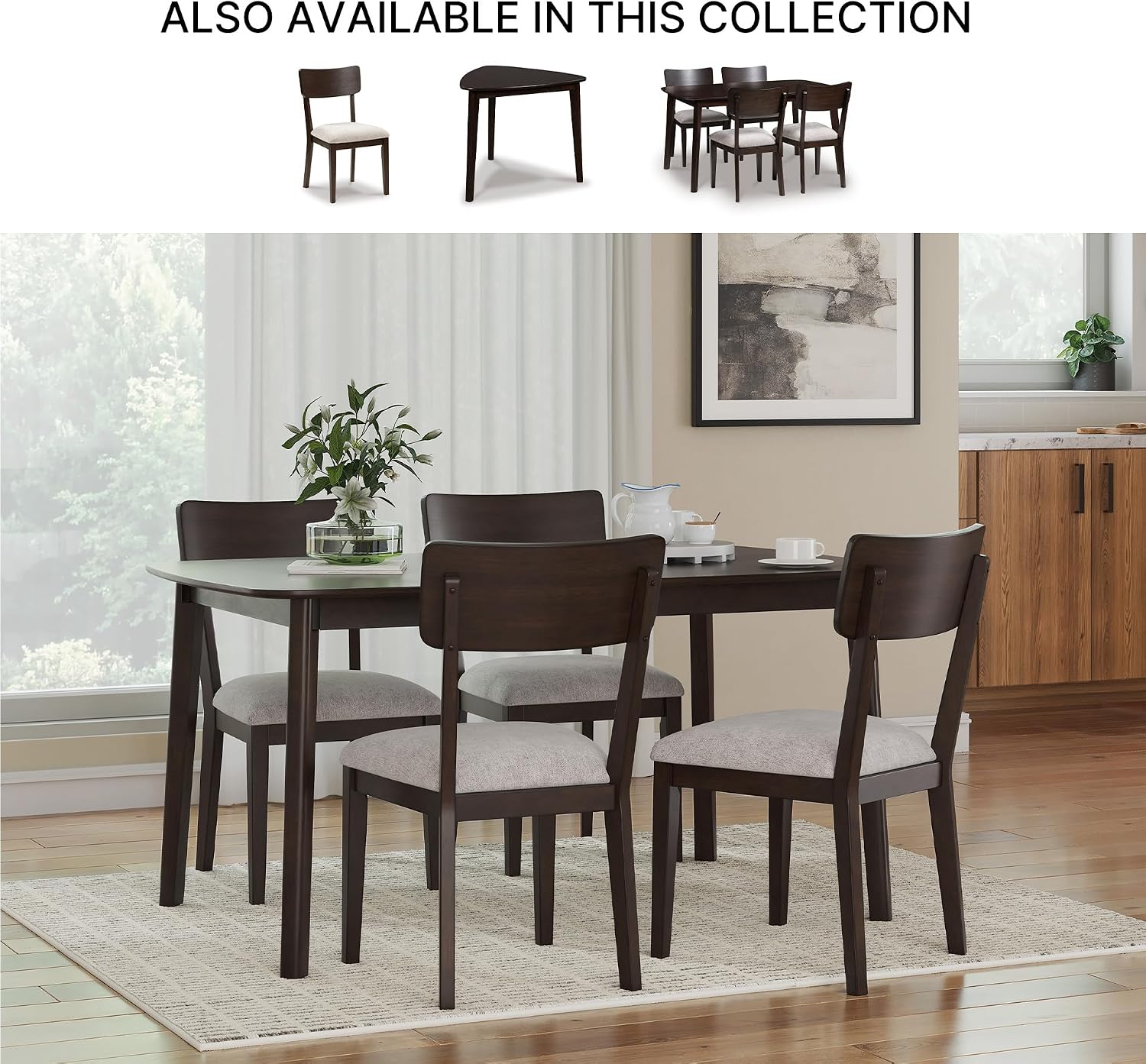 Signature Design by Ashley Favelon Mid-Century Modern Dining Table and Chairs Set with Cushioned Seat, Set of 5, Dark Brown & Gray