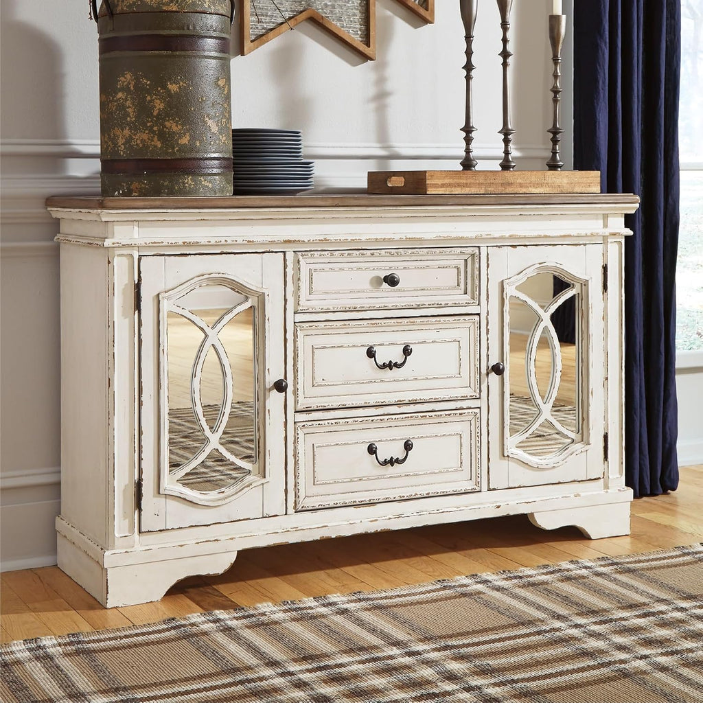 Signature Design by Ashley Realyn French Country Distressed Dining Room Server, 3 Drawers, 2 Cabinet Doors, Wood, 59" W x 17" D x 36.5" H, Chipped White