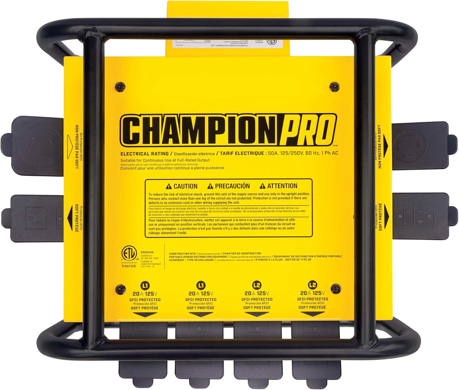Champion Power Equipment Pro Grade OSHA Compliant Power Distribution Box, 50-Amp Twist Lock Inlet, Six 120V GFCI Duplexes, One 120/240V 30A Locking Outlet, 30A and 50A RV Adapters