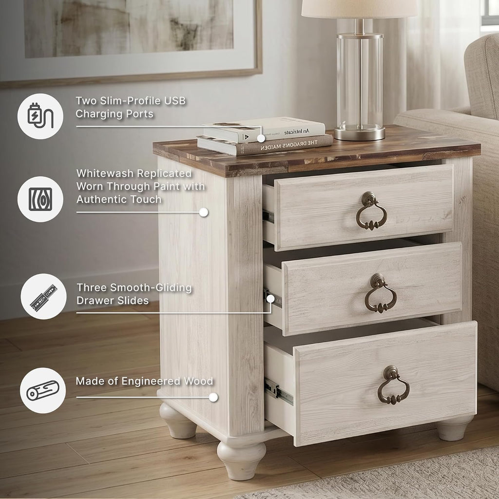 Signature Design by Ashley Willowton Farmhouse 2 Drawer Nightstand with USB Charging Ports, 25.67" Tall, Whitewash