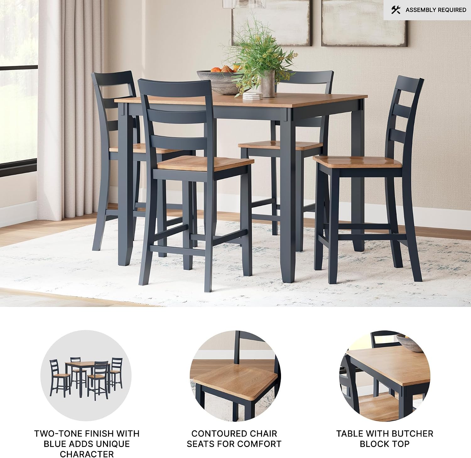 Signature Design by Ashley Gesthaven Counter Height Dining Table Set 4 Bar Stools, Butcher Block Veneer Top, Natural Mango Wood and Dark Slate Blue, 41.88" Square